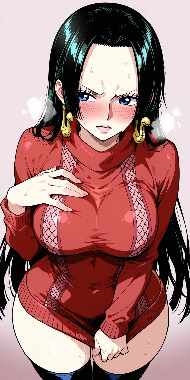 cute, blush, shy, score_9, score_8_up, source_anime BREAK solo, looking at viewer,, violaop, brown eyes, black hair, long hair, hair slicked back, earrings, hair flower, polka dot dress, sleeveless dress, frilled dress, jewelry, large breasts,room, crazy smile, upper body, dress lift, big breasts, nipples, navel, hand on own stomach, closed eyes, stomach, belly, navel