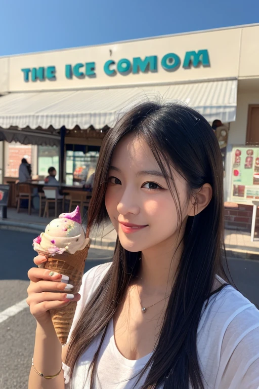 (lifelike, high resolution: 1.3) 1 Korean girl with a slender body, Yoo Na Kim, fine face and eyes, long straight hair, full lips, long eyelashes, long legs, eating ice-cream
