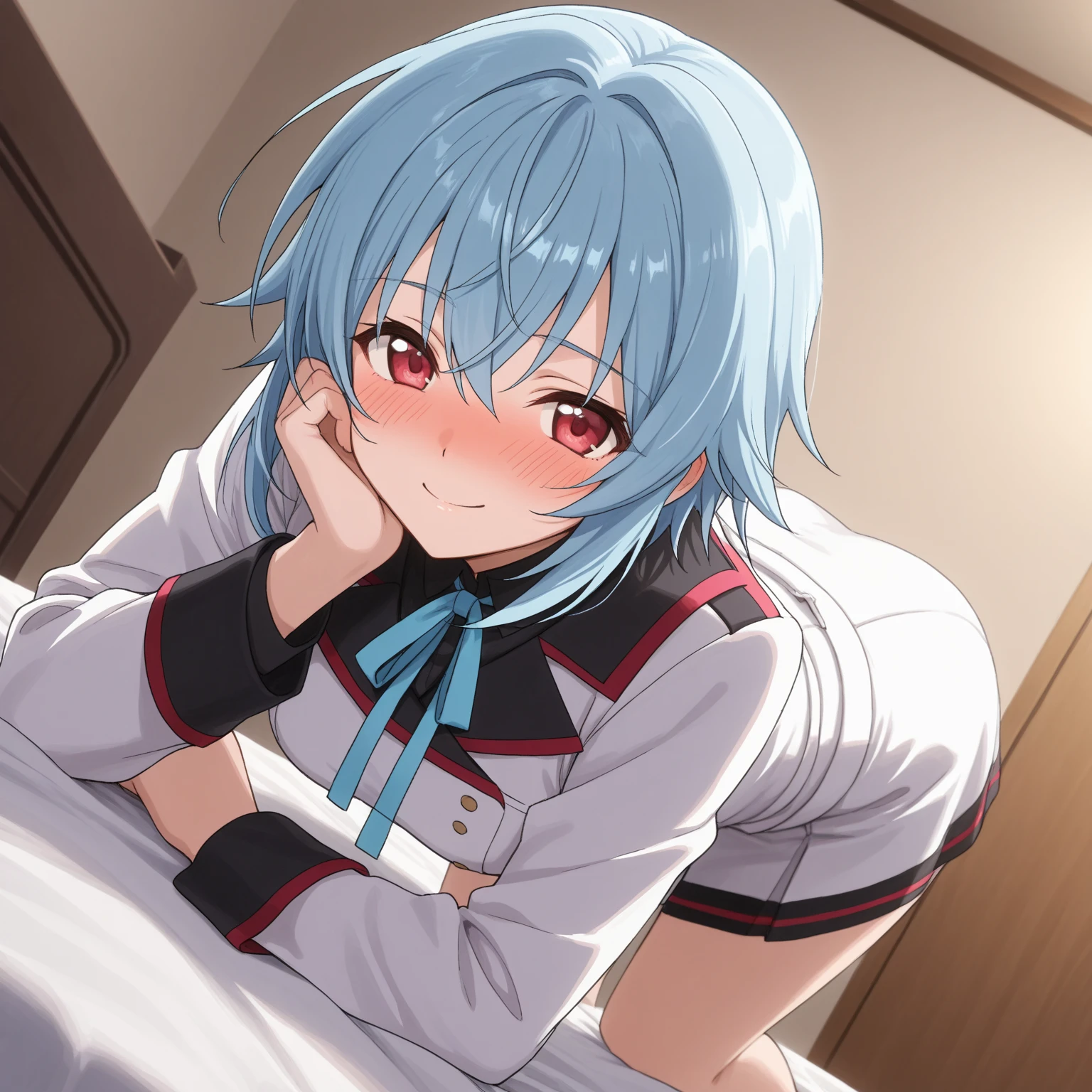  
girl, Eyes, above, Eyes, blue, reinforced, embarrassed, ashamed, language, outside, sitting, bed, legs, open, Clothes, Short