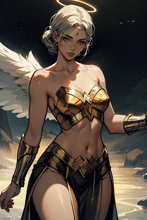 a female harpia with long curly brown hair, scorched eyebrows, eagle eyes, small pointed ears, plump lips with sharp pointed teeth, round face with a sinister expression, arms with expressive wings, large bust with hourglass waist, shapely thighs with eagle legs, entire body covered in intricate feathers, harpy character from Greco-Roman mythology, scene on top of a nest full of broken giant eggshells, (best quality,4k,8k,highres,masterpiece:1.2),ultra-detailed,(realistic,photorealistic,photo-realistic:1.37),extremely detailed eyes and face,longeyelashes,intricate feather details,dramatic lighting,warm color palette,cinematic composition