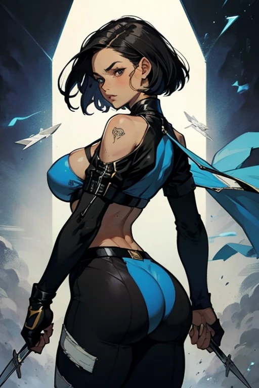 (((mulher))), (((melhor qualidade))), (((obra prima))), (((adulta))), Uma guerreira mulher de 25 anos preta africana com corpo perfeito, Brooklyn Gladiators, hand with steel gloves and metal tips, (( under )), quase nua no estilo selvagem urbano de Simon Bisley para a capa da revista Heavy Metal, cabelo loiro, Minimum clothing, armadura (azul escuro com faixas douradas), cheio de pontas e rebites manchadas de tinta, tatuagenas diversas, (((corpo inteiro))), cabelo louro curto com franja branca cobrindo a testa, fighting on a space station