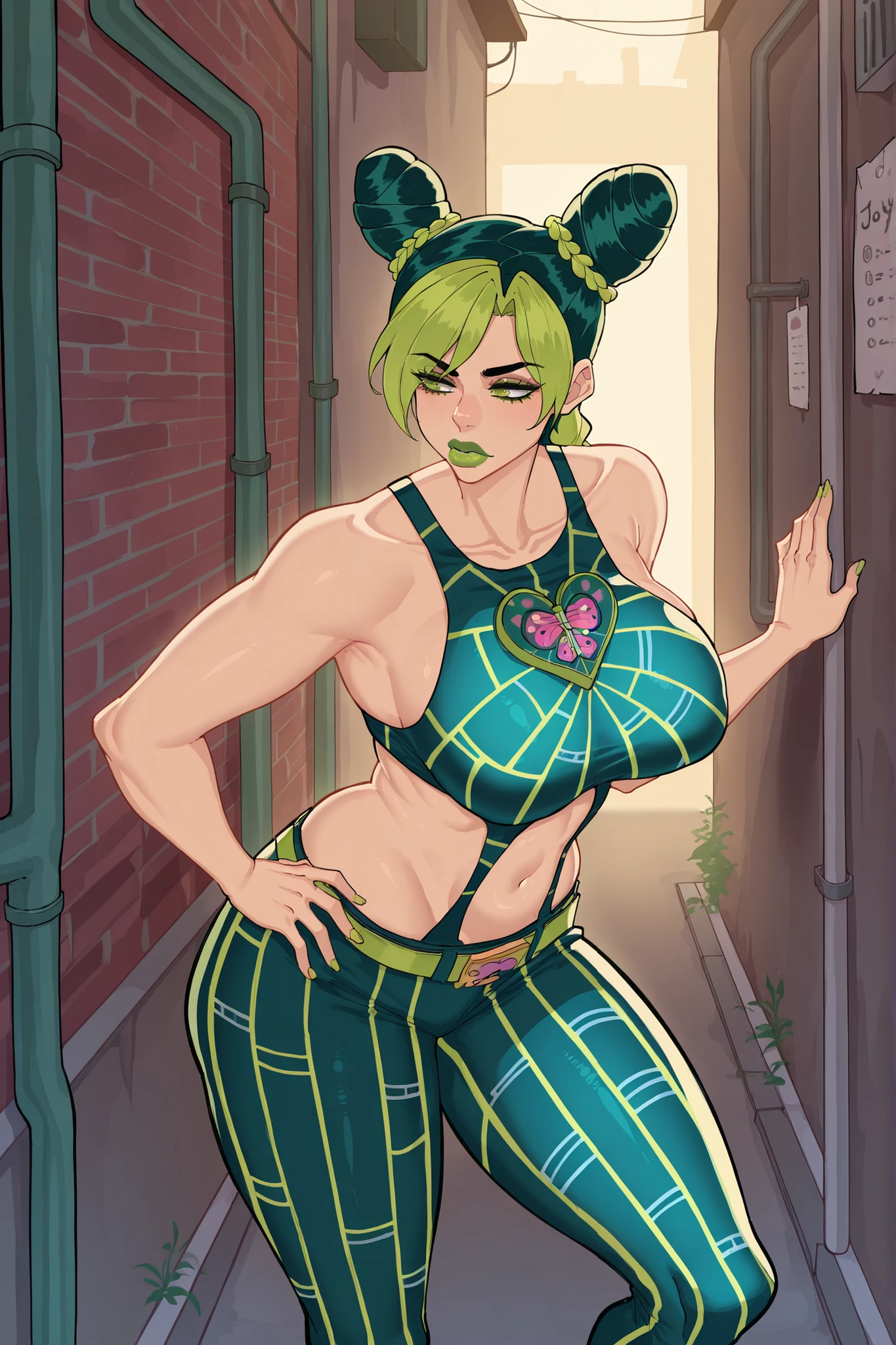 masterpiece, best quality, amazing quality, very aesthetic, absurdres, highres, newest,1girl,Jolyne Kujo,green eyes,green lips,large breasts,lipstick,makeup,multicolored hair,cyboii,alley,leaning