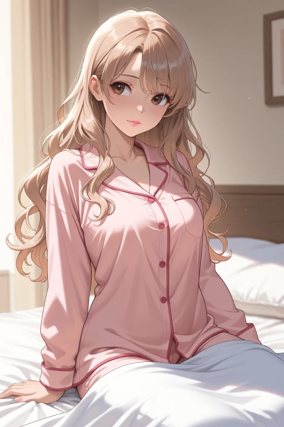 1 girl, solo, breasts,light brown hair, blush, indoors, pajamas,Hands folded across breasts, crossed arms, looking at viewer, long hair, long sleeves, hair ornament, pink shirt, bangs, hair flower, shirt, yellow eyes, curtains, medium breasts, pink pajamas, flower, collarbone, bedroom, upper body