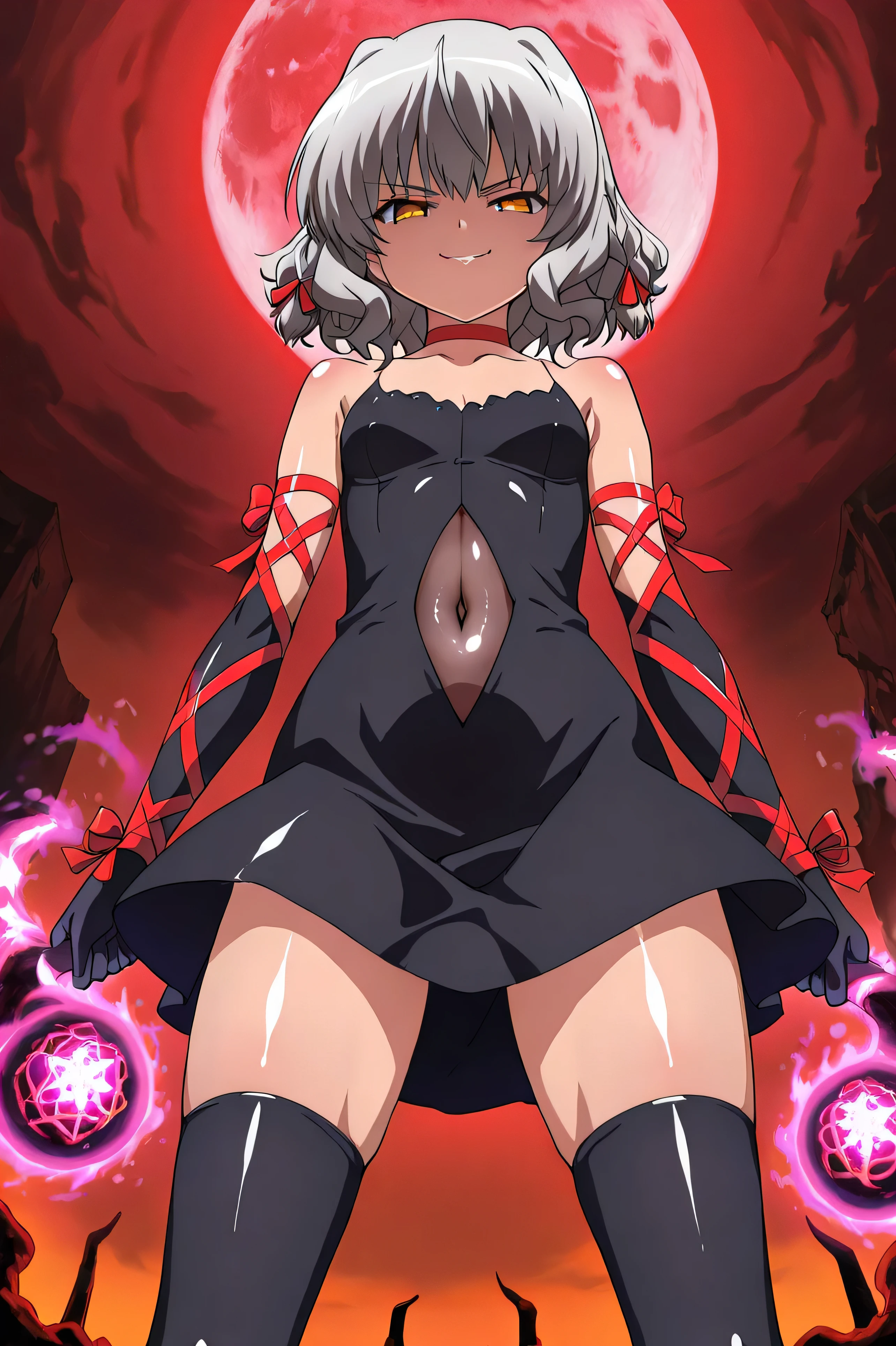 Modeus, heart-shaped pupils, heart, see-through leotard, wavy mouth:1.2, parted lips, red leotard, covered nipples, hard nipples:1.2, cowboy shot, pussy juice, short hair, large breasts, big mouth, extremely embarrassed