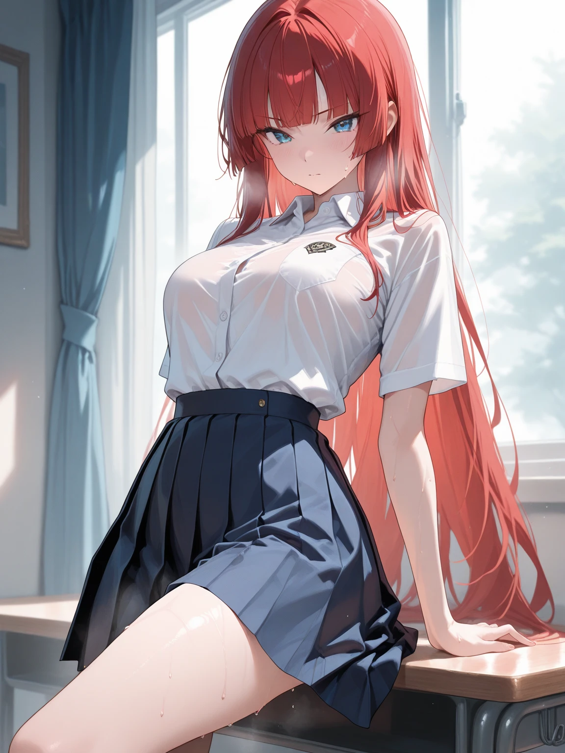 (masterpiece, best quality, ultra high resolution), 1 girl, Are standing, , white office shirt, black pleated skirt, lift up the skirt、lift up the skirt、regret、black leather shoes、squat、Take from below、夜のダウンタウンのbackground(((light brown, light brown hair:0.7))), cut long hair, pale skin, ((blue eye)), shine_eye, neon eye, (ultra detailed eye:0.7, Beautiful and dense face, detailed eye:0.9), ((in the center)), smile, ((wide shot)), Face-to-face audience, eyeの高さ, flat chest, looking at the viewer, ((half closed eye)), ((perfect hands)), (((head:0.9, arm, hip, elbow, in view))), ((put your hands behind your back)), empty eye, beautiful lighting, outside, 屋outside, background, defined subject, 25 years old, (head tilt)),NSFW ,prostitution婦,prostitution,Ahegao, ,light blue pants、lace underwear((Light blue lace panties))、light blue panties、completion(masterpiece,NSFW),((highest quality)),, spread your legs Take from below、夜のダウンタウンのbackground
