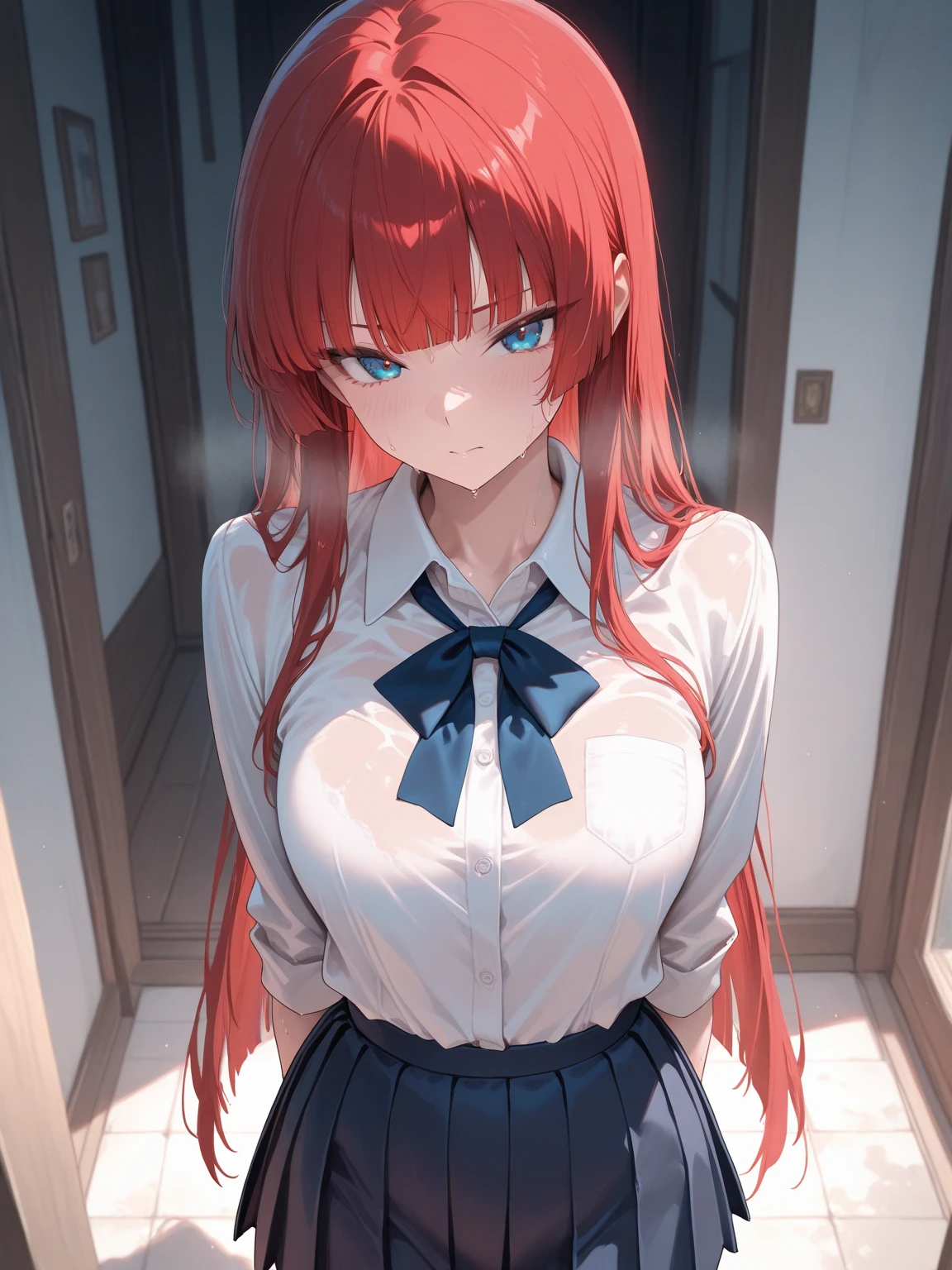 (Masterpiece:1.2, high quality:1.2), (solo:1.2), (1girl:1.2), (pixiv:1.4), (Rias gremory), indifferent, (glare:0.8), crimson red hair, wavy long hair, sharp bangs, crystal green eyes, (detailed eyes), double eyelids, black eyeshadow, long eyelashes, pale pink lips, beautiful face, detailed face, neckline, collarbone, (beautiful round breats:1.2), cleavage, school uniform, unbuttoned shirt, pleated skirt, pantyhose, (pov from below), front view, stockings, thighs, sitting on desk, dynamic lighting, (window), windowsill, blue sky, (detailed face), ultra-detailed, intrinsic details, vivid colors, aesthetic indoors, classroom, HD, 4k, (highres:1.5), professional photography, blurry background, sharp focus, (detailed eyes), (symmetric eyes)