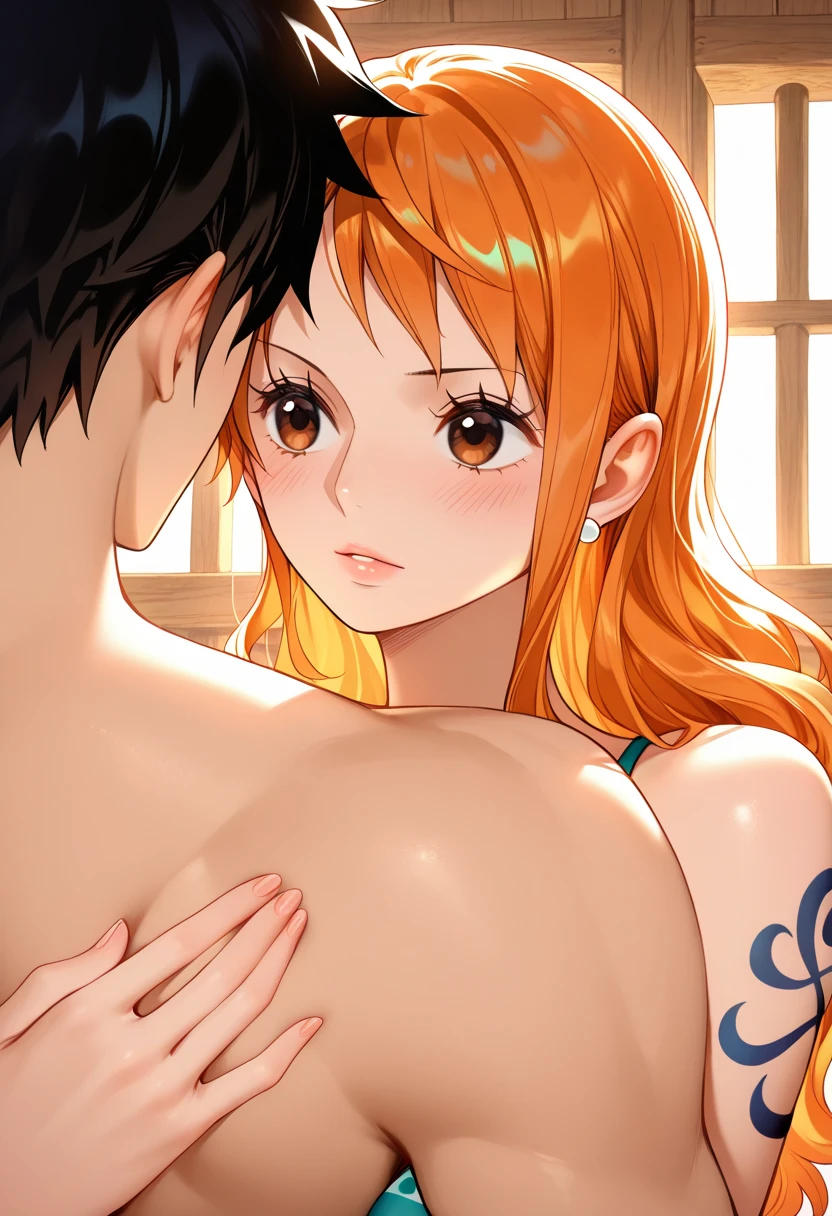 masterpiece, best quality, highres, soft lighting, best quality, hyper detailed
medium breasts, mature_women, mature_female, toned,  , nami , orange hair , long hair, shoulder tattoo, smile 
 1girl, 1boy, hetro
naked , full body
 ((tit sucking , sucking on tits , sucking another's tits ,  on bed ))