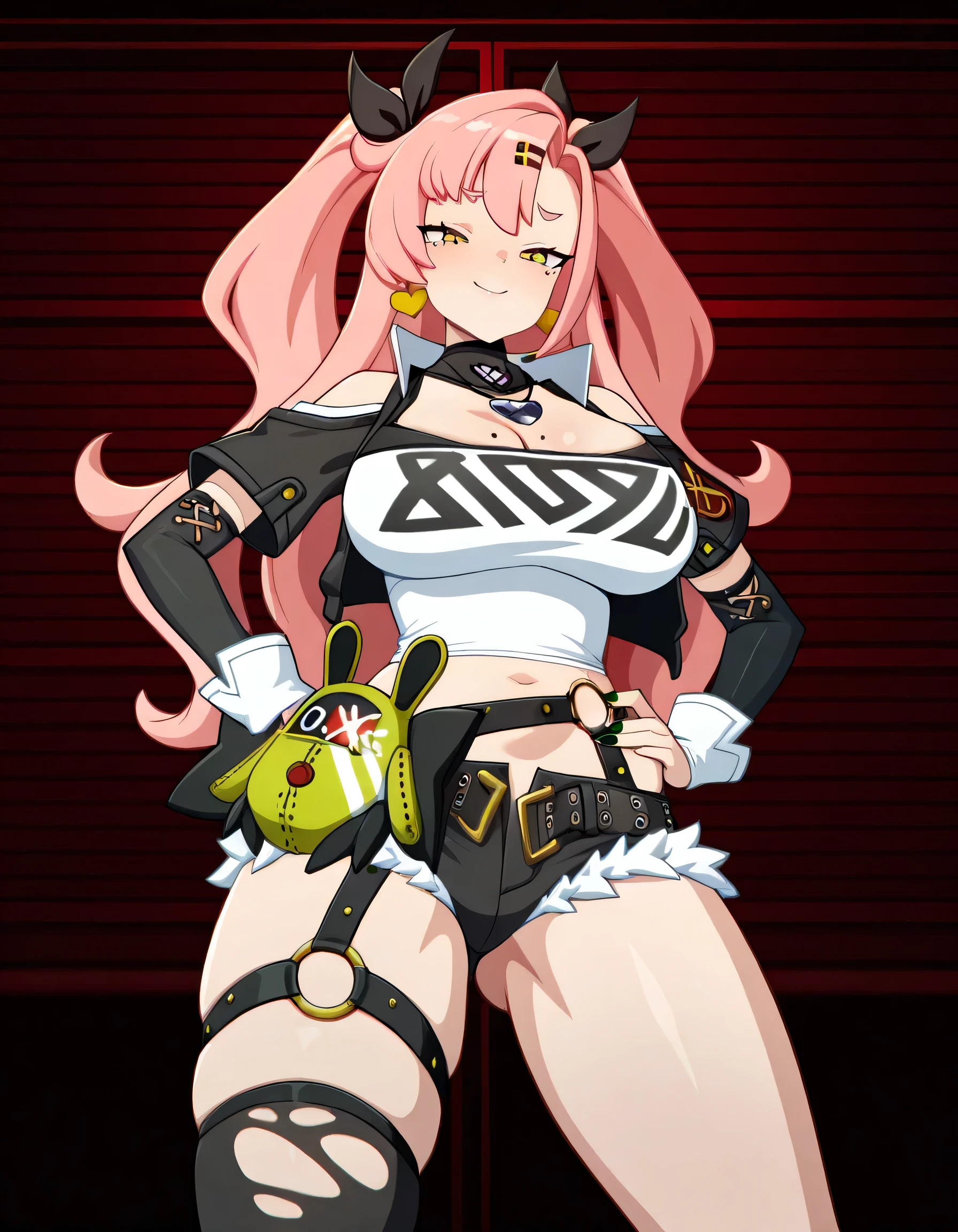 source_anime, 1girl, Nicole Demara,pink hair, hair ornaments, two ponytails, multi-colored eyes, yellow eyes, earrings, Big breasts, Big ass, thick legs collar, necklace, black and white shirt, cleavage, midriff, shoulder cut, detached sleeves, micro shorts, belts, mole under eye, mole on breast, mole on thigh, one thigh high, ragged thigh high, hand on hips , sexy pose, smile, seductive smile, looking at viewer, Black room, masterpiece, best quality, amazing quality, very aesthetic, absurdres, newest, perfect eyes, ultra detailed,