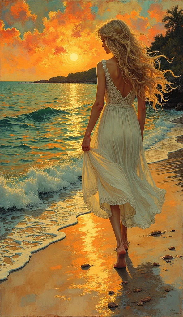 He created an image in the form of an oil painting, with strong strokes with a vivid texture of color, in the style of impressionism, an 18-year-old blonde girl, a sea fairy gracefully coming to the shore. The Sun begins at the Horizon its own course in the Sky, and bathes its form and the landscape with its light. Two seagulls fly beside her, Greece, Aegean, white houses on the beach! She is happy! Please, that the images "embrace" its form from all sides, that is, each image captures its form from a different angle! ATTENTION, thin body, normal small breasts, small and tight buttocks,