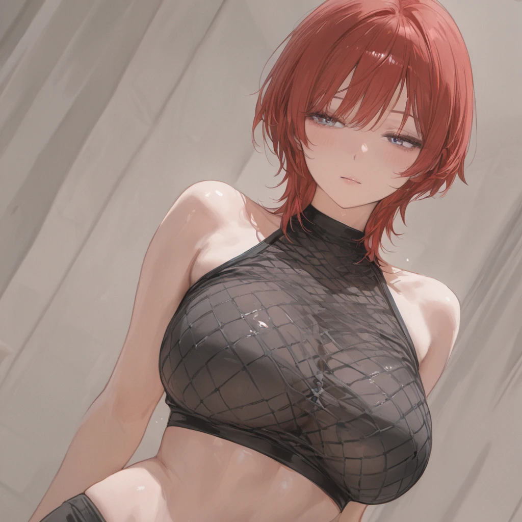 Masterpiece:1.2, Best quality), Bust photo,facial closeups,Short woman,above chest,sportrait,Overlooking,Realistic, (Real picture, Intricate details, Depth of field), (1girll, Solo), make up,Close-up close-up,10years old, parted lip, highly detailed, Perfect face,Tiny breasts, (skin indentation), Small waist, Petite in stature,red hair, Red eyes, pony tails,gymnasium background,(highleg leotard), (full of sweat:1.2), (Wet), Sexy, Blushing,