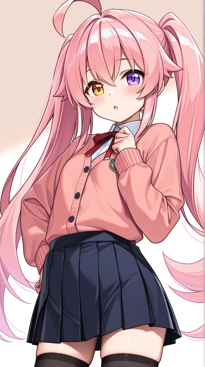 ((masterpiece、Highest quality、Super detailed)、((One girl))、((Pink Hair))、((Twin tails))、((Light blue eyes))、evil smile、((Grin))、((lots of piercings))、((Very large breasts))、((White collared shirt))、A bow tie、((pink cardigan))、((gray microminiskirt))、thighhighs、((stripe panties))、Cowboy Shot、Looking down、Shoot from below、Gym storeroom