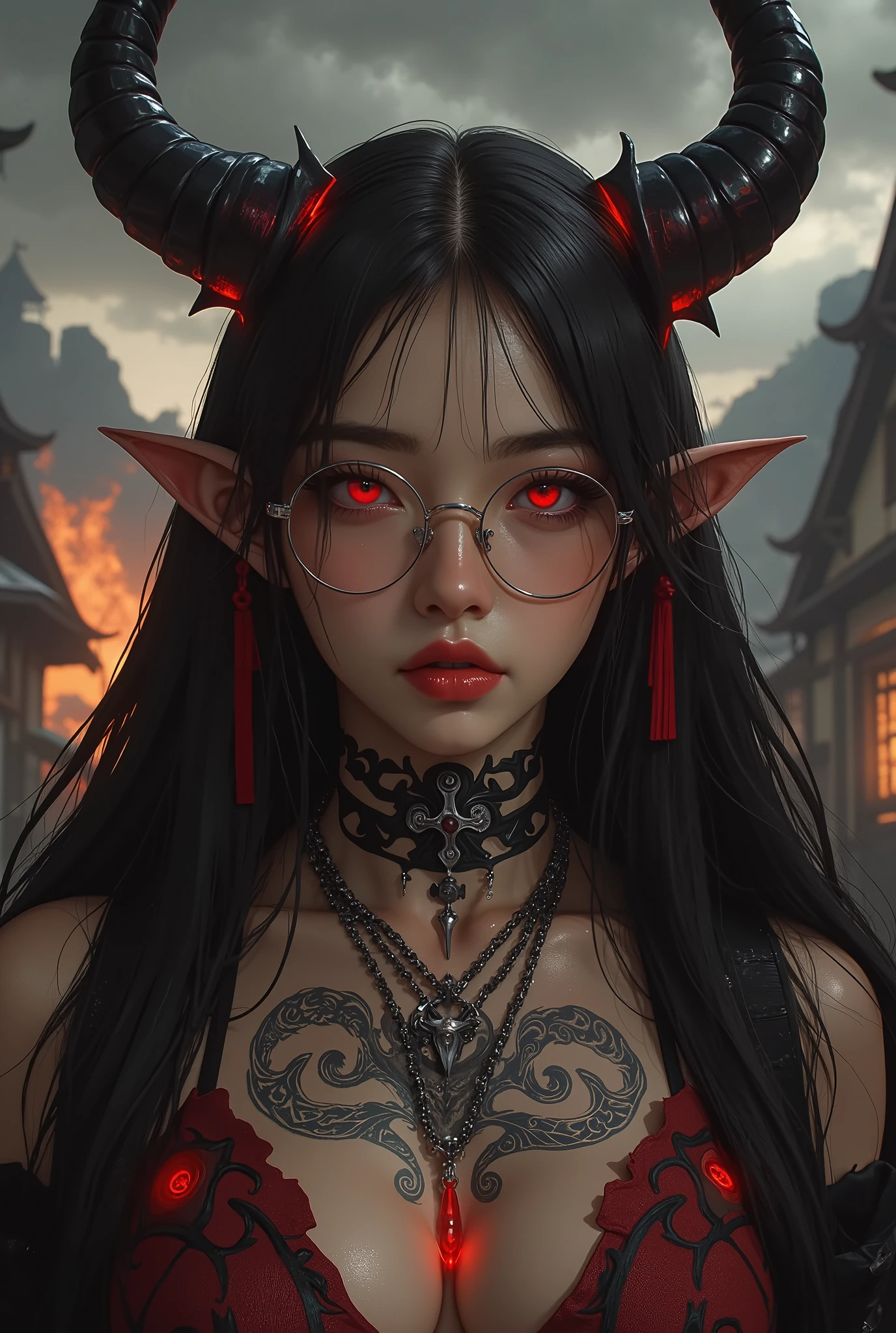 、(best illustrations)、8K UHD resolution 、complicated details、最High Quality、realistic、ultra details、best lighting、Best Shadow、soft lighting、UltraHD、 One Beautiful Devil Woman from Hell , Portrait of a Surreal Woman by David Hockney and Alphonse Mucha, fantasy art, Chinese Doll、dungeons and dragons、Devil's Palace、Devil's Torture Chamber、magic、 necromancer、night、dark style、succubus、Devil's Daughter、bat wings,(((Devil's Horn)))、((((Black-rimmed round glasses))))、(((Colossal )))、(Devil's Tail)、(Red Eyes Shining :1.6)、 個の複雑なtattoo, demonic 個の複雑なtattoo, 太もものtattoo, ボディー・tattoo, masterpiece、Beautiful appearance、Aka-chan noodles、Muscular and attractive body、The devil's seductive body、Fascinating Black Magic Costume、A red glowing snake wrapped around her hand、ティンダルeffect、picturesリアル、(High Detailed Skin:1.2)、 (Intricate Details, makeup, pure rose face_v1:0.5), ( Beautiful Delicate Face with Attention to Details , beautiful and delicate eye details, perfectly balanced face, Highly refined muscles, detailed skin, The best ratio is 4 fingers to 1 thumb, Arms under chest, お腹の下に赤い光を放つtattoo 、Great Great, wide hips, smooth waist, Thin and skinny, __fashion__, __hair__:1.25)、dslr、High Quality、pictures、high resolution、 absurd、 ponytail distortion 、girl in black、赤い輝くgemのネックレス、gem、beautiful expression、Body Up、big breasts attention、tight waist、Wide ass、Devil's Tail、 個の複雑なtattoo, demonic 個の複雑なtattoo, 太もものtattoo, ボディー・tattoo, effect、Photorealistic、(High Detailed Skin:1.2)、in the dark, Low Key, cowboy lens, ( Black Phoenix Dress : 1.0), Fascinating Black Magic Costume、Long hair, Black hair, Bust, Devil's Palace, Devil's Crown, my red eyes are drawn in very sharp detail, most beautiful face, Super tight chest, Breast Augmentation Surgery, Her breasts are large, round and plump, black magic costume、super real , charming smile,Aka-chan noodles、 目がとてもよくmakeupアップされている, ((RED EYE:1.0)), Gwaiz, Devil Style,Muscular and attractive body、 I'm wearing black mesh socks, Ponytail with a bow tied at the back of the hair, Beautiful plump red lips, Wearing sheer red and black robe, Hands Pulling Straps to Expose Sexy Breasts, A red glowing snake wrapped around her hand、The landscape is cloudy and there is a thunderstorm , Portrait of a Beautiful Woman , Close-up of the main character, (Detailed spooky background:0.8), NFFS W, NFFS W, 8K quality, Detailed Pixels, Meet beautiful girls, Look at the girl's body, with emphasis on big breasts 、赤く光るtattoo、tattoo, 個の複雑なtattoo, demonic 個の複雑なtattoo, 太もものtattoo, ボディー・tattoo,Devil's Tail、Body Up、A red glowing snake wrapped around her hand、 Portrait of a Beautiful Woman , Portrait of a Superhuman Woman by David Hockney and Alphonse Mucha, fantasy art, Chinese Doll、Close-up of the main character, (Detailed spooky background:0.8),