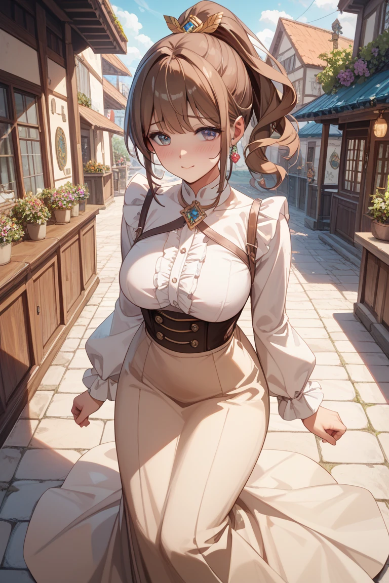 ((Highest quality)),(超High resolution),(Very detailed),(Detailed Description),((The best CG)),(masterpiece),Ultra-detailed art、(Highest quality、8k、32K、masterpiece)、(Realistic)、(Realistic:1.2)、(High resolution)、Very detailed、Very beautiful face and eyes、1 female、((:1.3))、Tight waist、Delicate body、Big Breasts、(Highest quality、Attention to detail、Rich skin detail)、(Highest quality、8k、Oil paints:1.2)、Very detailed、(Realistic、Realistic:1.37)、Bright colors、((Yellowish brown hair:1.3、(Chignon:1.8)、Brown eyes、Big Breasts、Natural Makeup、Outdoor Background、Cleavage、White blouse、Black tight skirt、Knee-length、stockings、Black leather loafers))