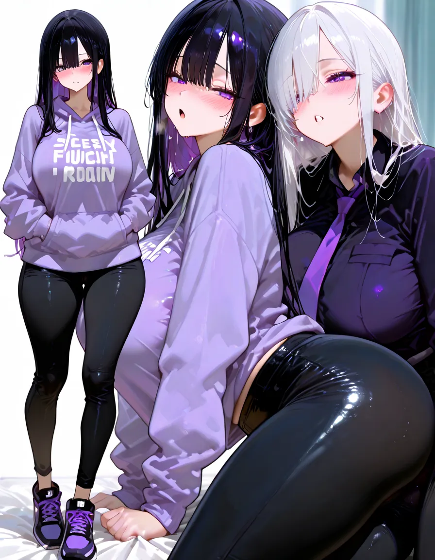 A slender girl with an ahegao face and a fat man having sex standing position hug Creampie with Long white hair legs up hard fuck from front view tracksuit