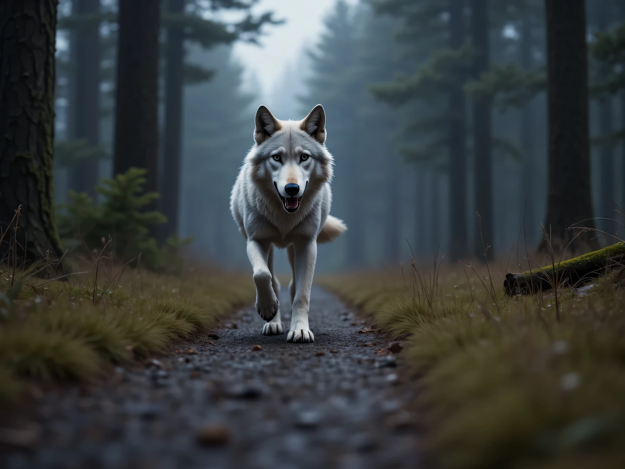  (masterpiece), best quality, 1wolf,  realistic, highly detailed, shallow depth of field, sharp focus, hyperrealism, cinematic lighting, photorealistic style, 8k solution, a large grey is running down a forest path, at twillight, dark forest, wolf seen from a distance, 