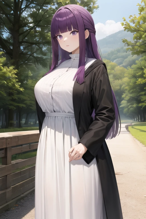 best quality, masterpiece, 1girl, (solo:1.1), raytracing, ultra detailed,detailed face, 8k wallpaper, wide hips, FernNDV, 1girl, purple hair, purple eyes, large breasts, long hair, open clothes, black robe, white shirt, smile, outdoor, hands on hip