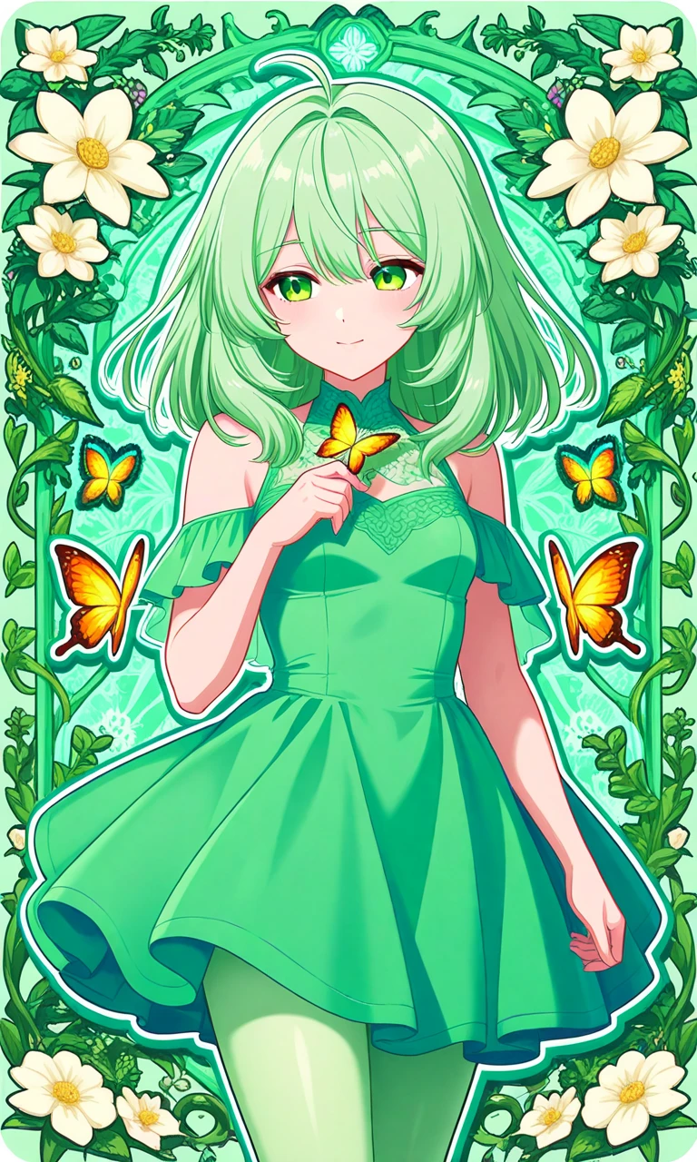 ((MBTI Personality)) 1Female:INFP Mediator(light green medium hair, green tight dress, butterflies, flower in hand), Otome style, sprite png