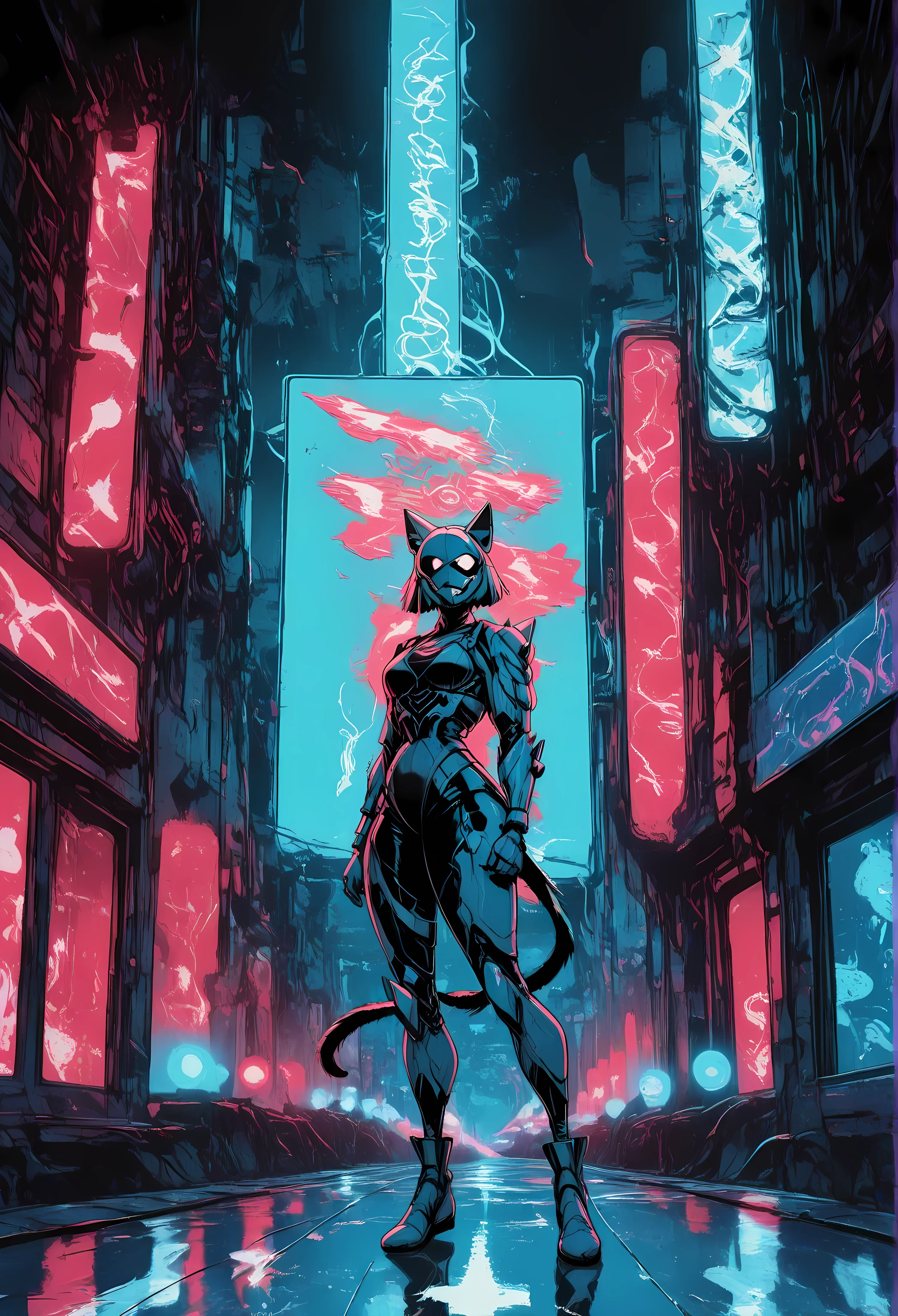 A cyberpunk cat bass player, daftpunk style,glamour, disco,electro,party rave music,anime futuristic sci-fi artwork style. high-contrast black and white digital illustration with a focus on specular highlights, creating a strong sense of luminosity. bioluminescent pattern, pink blacklight neon,The rendering features sharp, defined edges outlined by bright, glittering elements that suggest the texture of numerous small, reflective surfaces. The overall lighting is dramatic. the helmet features a wide, menacing grin outlined in bright red light, with visible teet. stylized, cartoonish  illuminated with vibrant neon lighting.