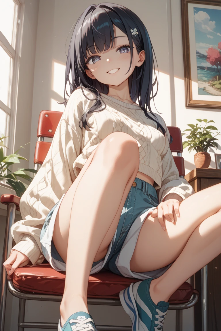 (In the living room)、1girl, (Younger sister kicking)、from the front、Angle from below、(Young face)、(Forehead)、ポニーテール、Super long Hair、((seductive grin)), ((high kicking)),
panties, I have money in my hand、Camisole、Jersey shorts、(1boy), (((penis))), (((eject cum))), The boy collapses under his younger sister and ejaculates from his penis、(The boy had a fight with the younger sister and lost to her.)、In the background, my mother is in the kitchen.、younger sister「Weak... Aniki who lost to younger sister and got a hard dick lol... Pervert masochist lol」