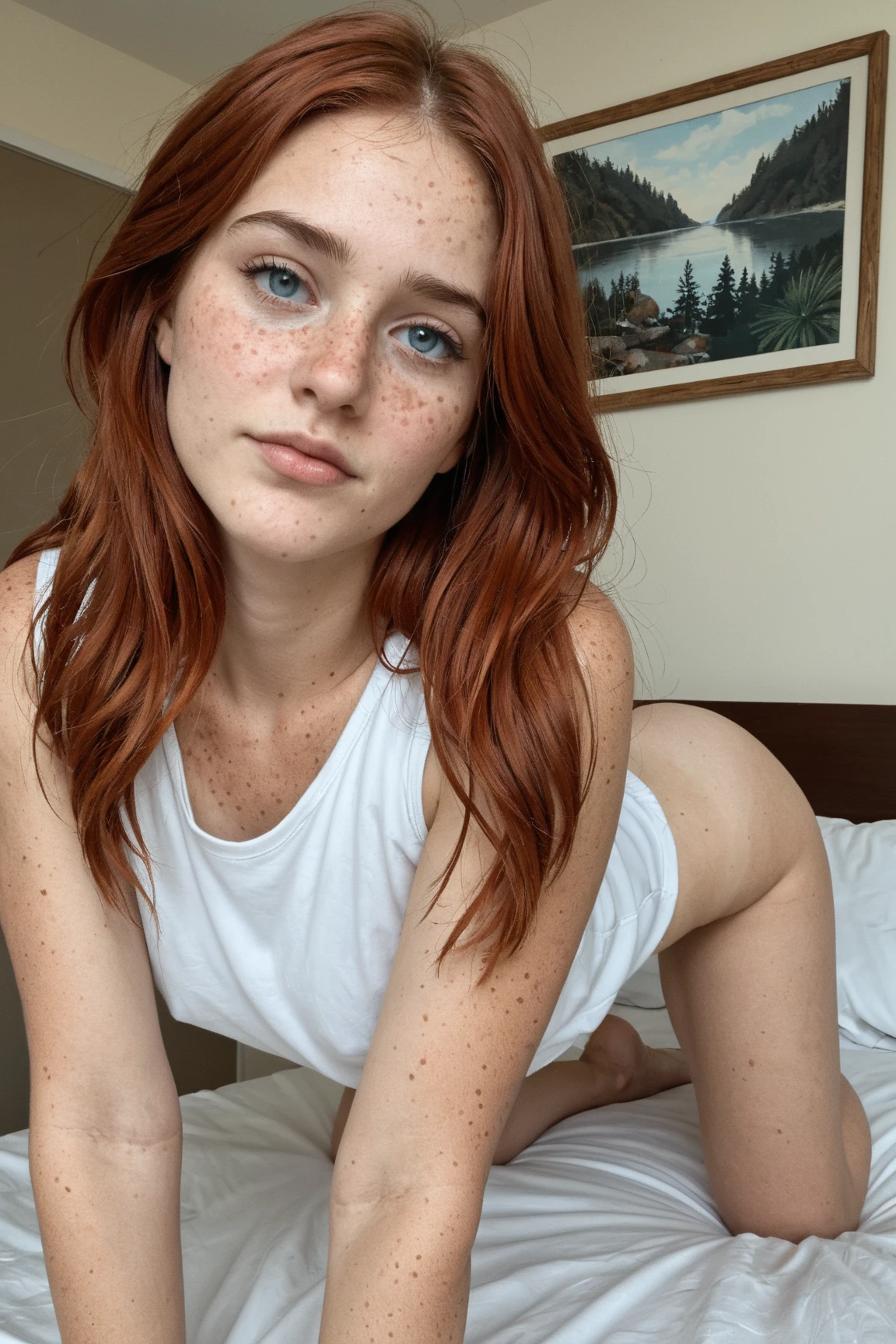 Half body photo of a cute 20 year old pretty redhead girl, redhead, long wavy hair, full face (you look shy:1.3), freckles, detailed face, detailed skin, (tshirt without panties), beautiful body, Big teal eyes, sensual lips, Suggestive pose, looking down, covering her crouch with hands, ginger pubic hair