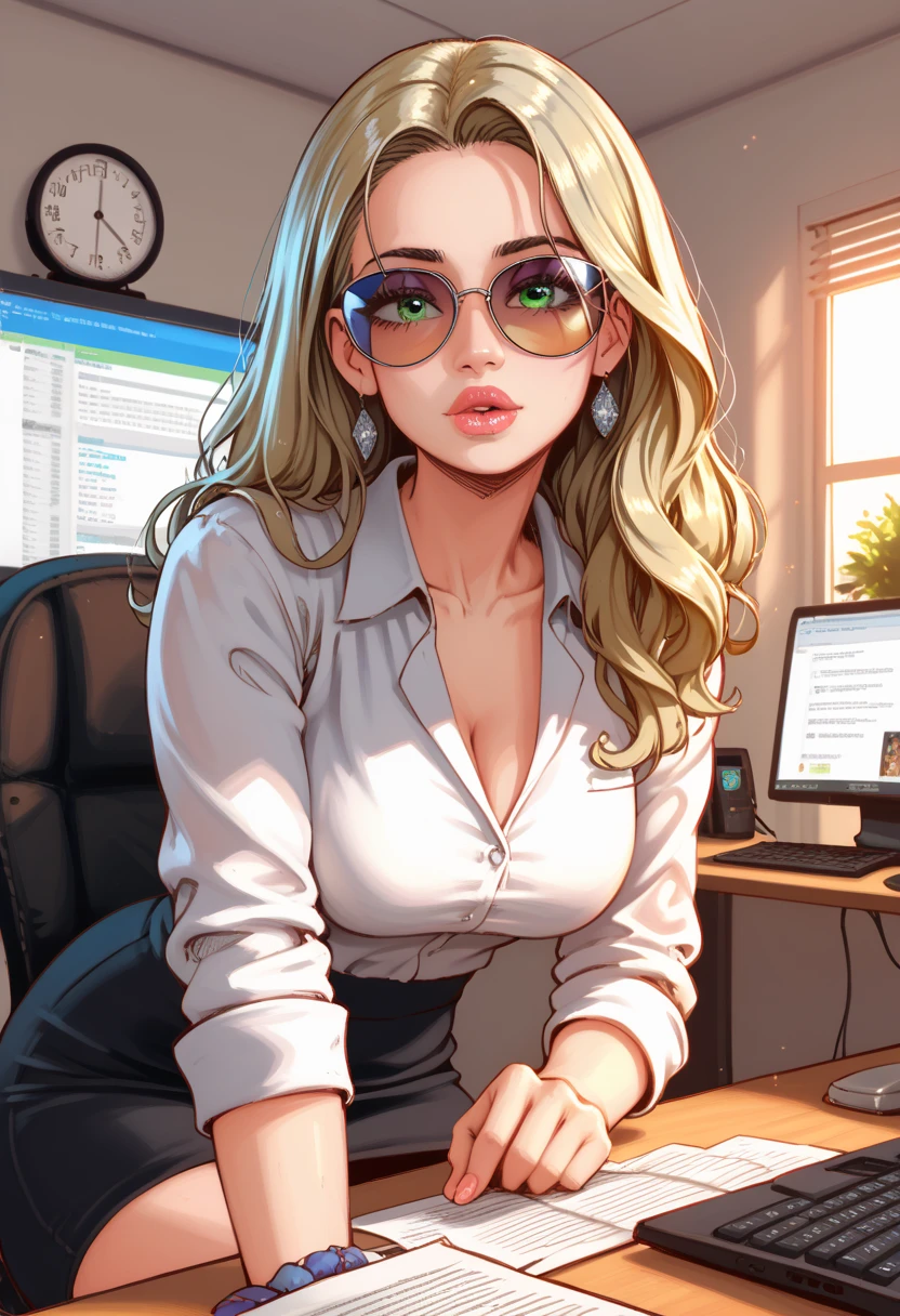 "Stylized 3D Model LoRA, depicting a gorgeous glamour sexy blond geek named Lora sitting behind a desk facing the camera , hands on the desk, immersed in her computer setup like an influencer, she is wearing cute turquoise floral sweater , hyperrealistic photography, niji 5 style, hands on the desk . The artwork is rendered in ultra-high-definition, super detailed emotions, and face details, (UHD) with an ultra-realistic aesthetic."