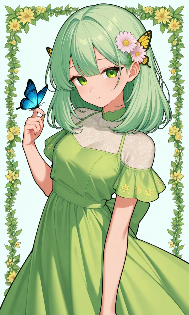 ((MBTI Personality)) 1Female:INFP Mediator(light green medium hair, green tight dress, butterflies, flower in hand), Otome style, sprite png