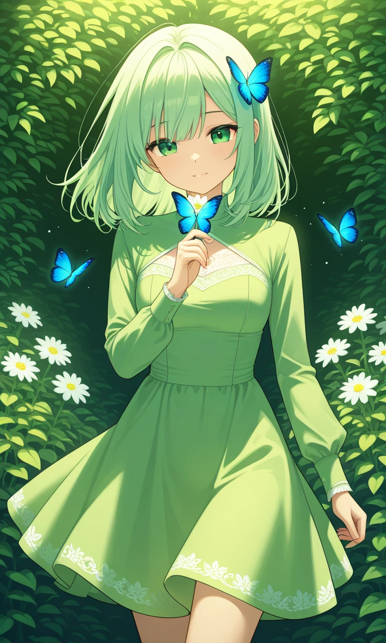 ((MBTI Personality)) 1Female:INFP Mediator(light green medium hair, green tight dress, butterflies, flower in hand), Otome style, sprite png