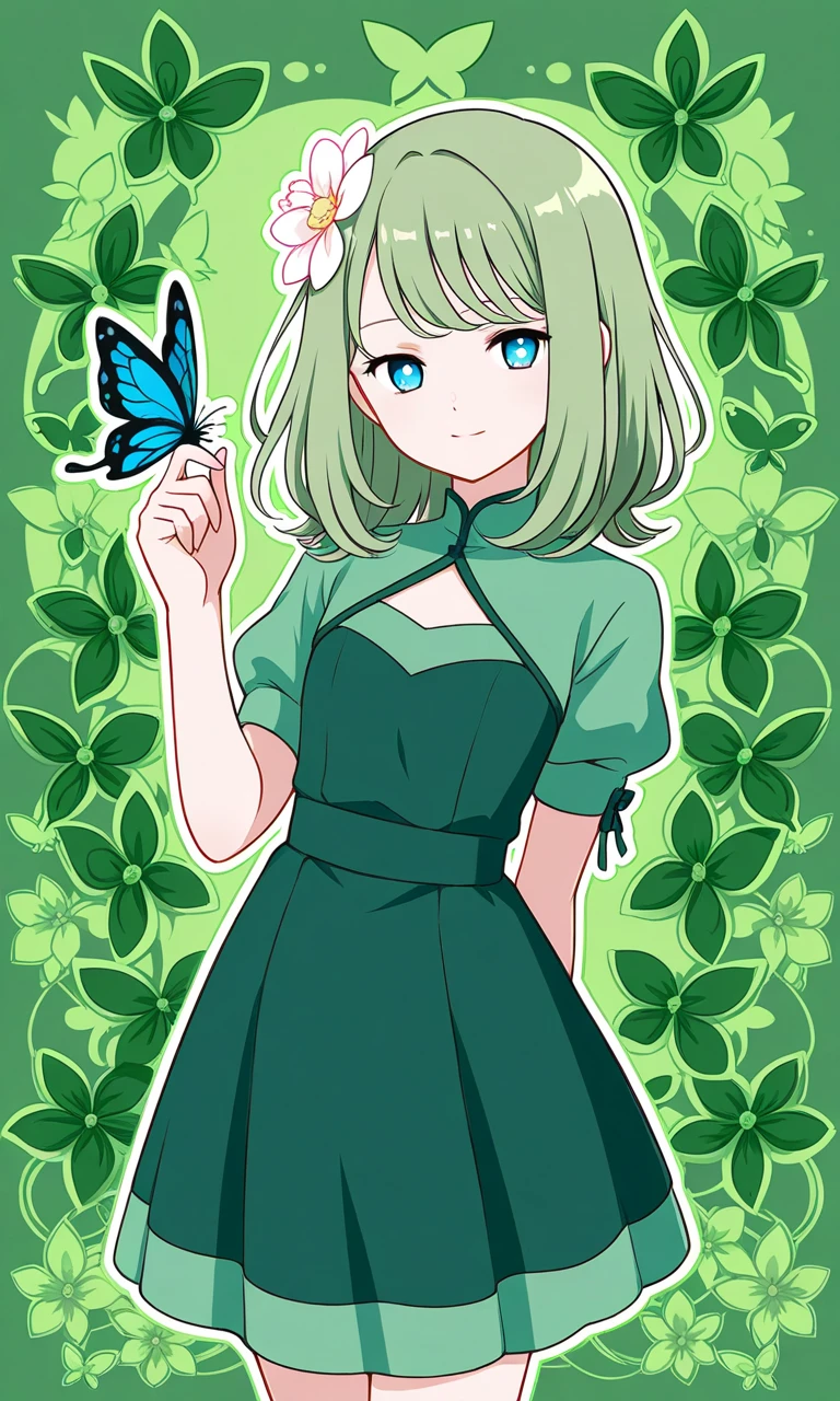 ((MBTI Personality)) 1Female:INFP Mediator(light green medium hair, green tight dress, butterflies, flower in hand), Otome style, sprite png