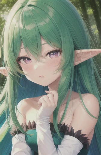masterpiece, best quality, solo, cursed woman, flower hair, red eyes, green hair, dryad, leaf clothing, green skin,
