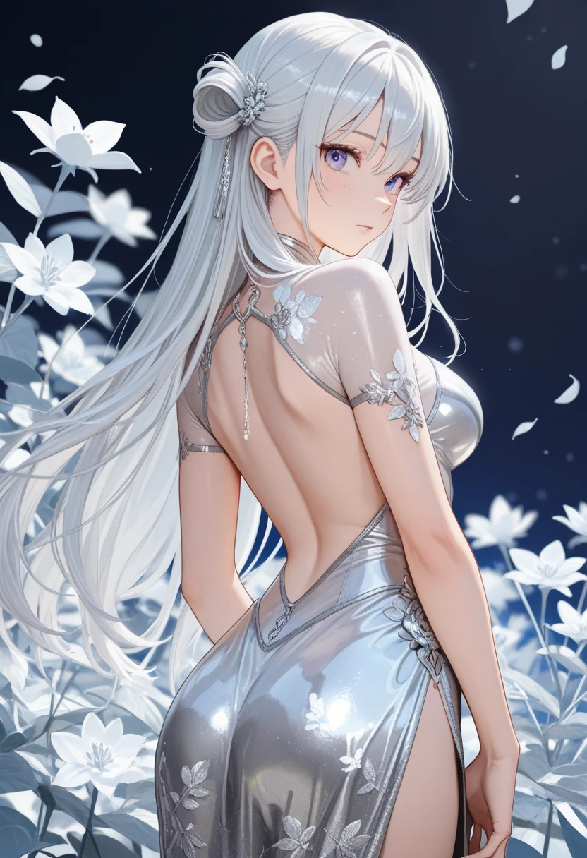 Ultra high definition,, Detailed face, The girl in the ao dai is made of thin silk and cotton fabric., In a long, form-fitting white style、Very fine, シャツの前面の孔雀の模様はVery fineです, The girl is standing in a wonderful space with great attention to detail