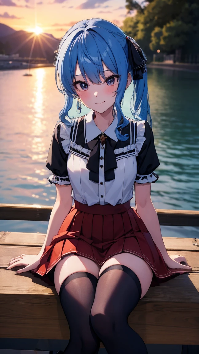 1 anime girl, alone,Black petals flutter, A mysteriously shining butterfly.city,bright blue hair,bright blue jewel eyes,twin tails,thin legs,Gloomy cloudy sky,very clear,highest quality,smile,close up of face,Sit in the water,barefoot,cherry blossoms,turn to the side,cherry blossomsミク,