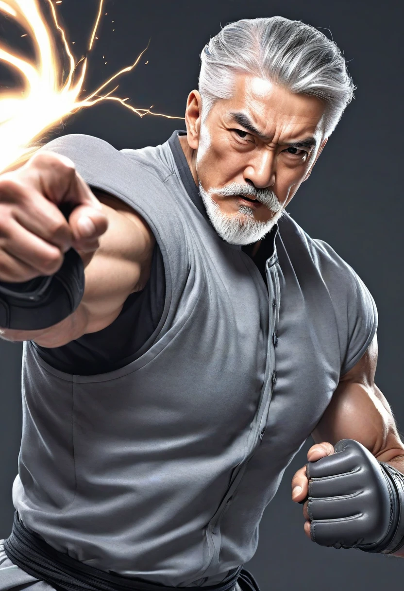 Jackie Chan, white hair, handsome man, muscle arena, battle tower