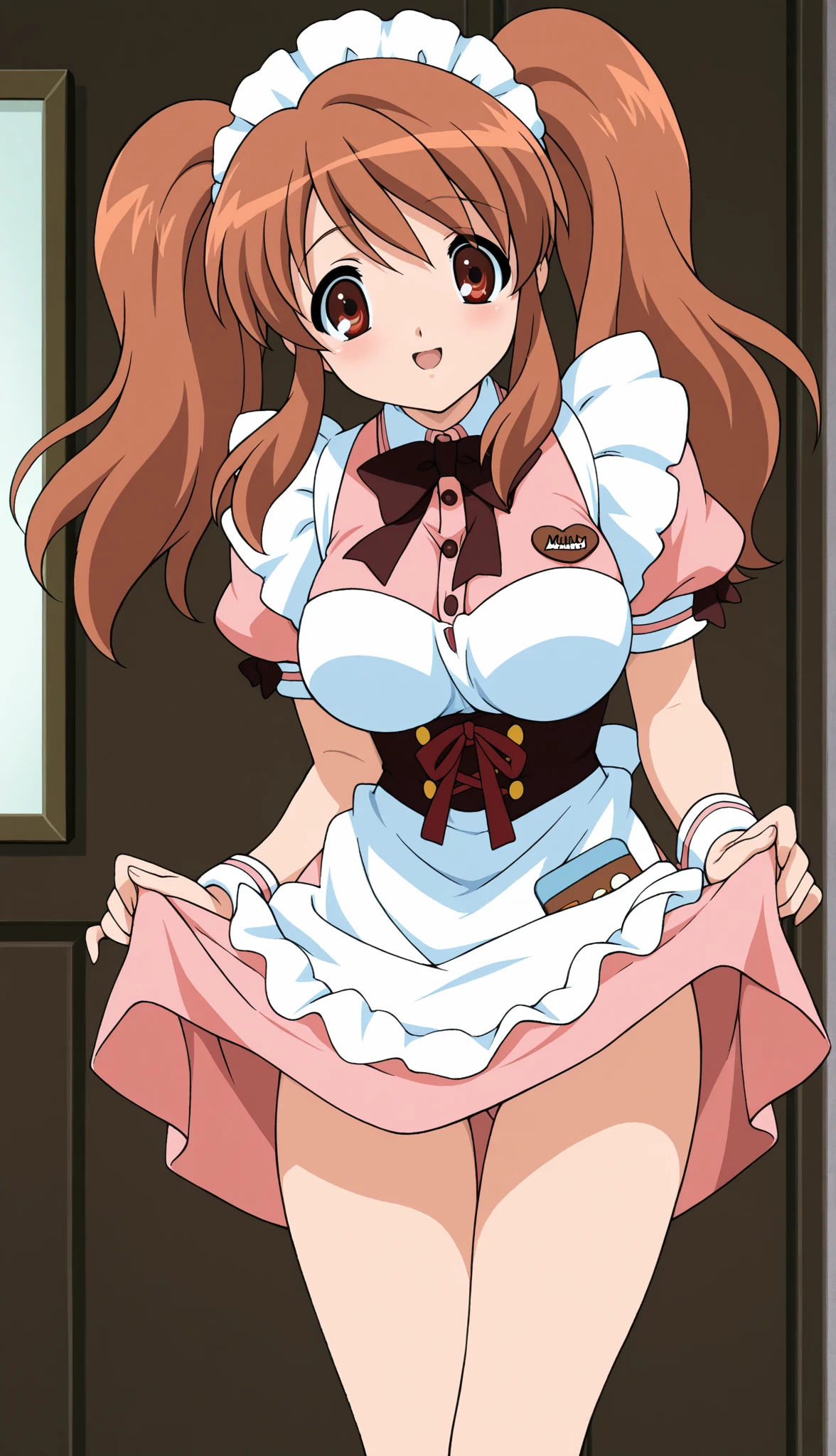 Best Quality, masutepiece, Portrait, , 1girl in, minato, brown hair, Long hair, side ponytail, , (big eyes:1.2), blue eyes, , Pleated skirt, crass room, Looking at Viewer, from below, a miniskirt, pink panties, (big breasts:1.2), (slender:1.2),