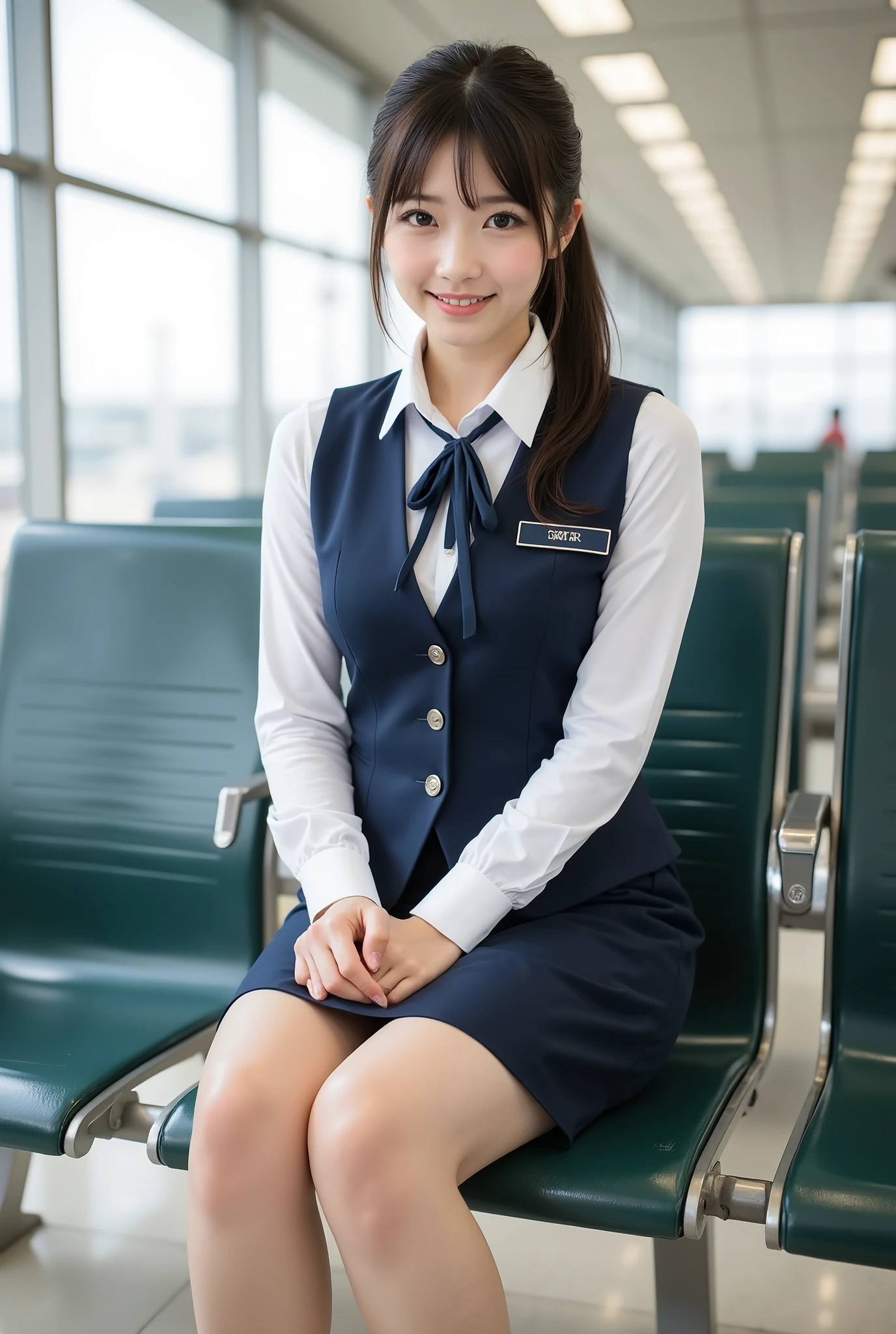 ( photorealism:1.2),  Japanese woman&#39; thick legs, Japanese Self-Defense Officer  ,uniform,navy blue vest,navy blue tie, navy blue pencil skirt, white shirts, long sleeve , low ponytail, with a smile、Laughter and conversation 、She's sitting in an airport chair、open your legs slightly、wearing sexy black realistic high heels、 Two perfect legs sitting apart  、 beautiful hands and feet、 airport benches、 Ultra Realistic Skin Texture 、 beautiful,