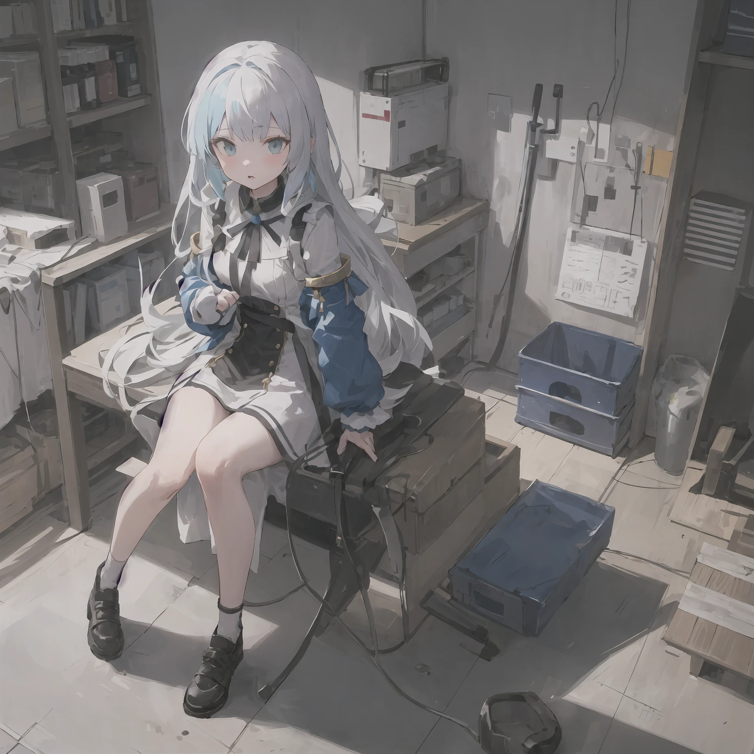 Long-haired loli half-kneeling on the wooden floor tied her hair