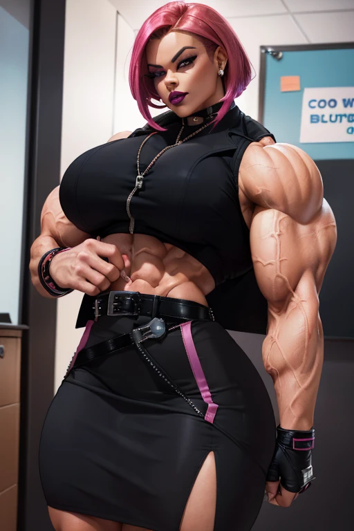 (((((Massive, tall, beautiful, light brown skinned, buff, muscular woman with shocking pink hair, black lipstick, ginormous bulky muscles, batting and wearing a black and white stripe baseball jersey with shorts))))), (close view), (massive muscle), massive biceps, hyper muscle shoulders, vascular shoulders, hyper muscle triceps, (angled bob cut), red eyes, (wristbands), choker, sneakers, (in a baseball field), confident smirk, night, hyper vascular arm, hyper muscles arms, hyper muscle legs, massive arms.