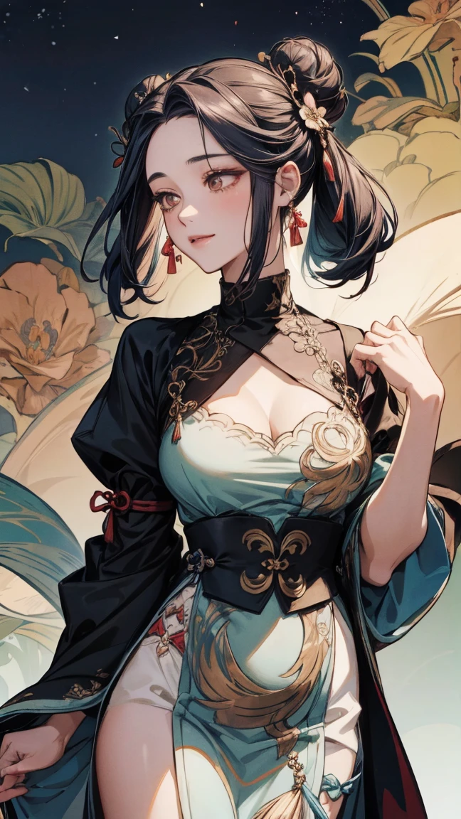 A woman,Leaf messenger,Period costumes,blue main tone,wise man,The expression lowered his head indifferently,Upper body portrait,Ultra-clear,Background words: flowers and butterflies,Bigchest,Big breasts Thin waist,long leges,比基尼