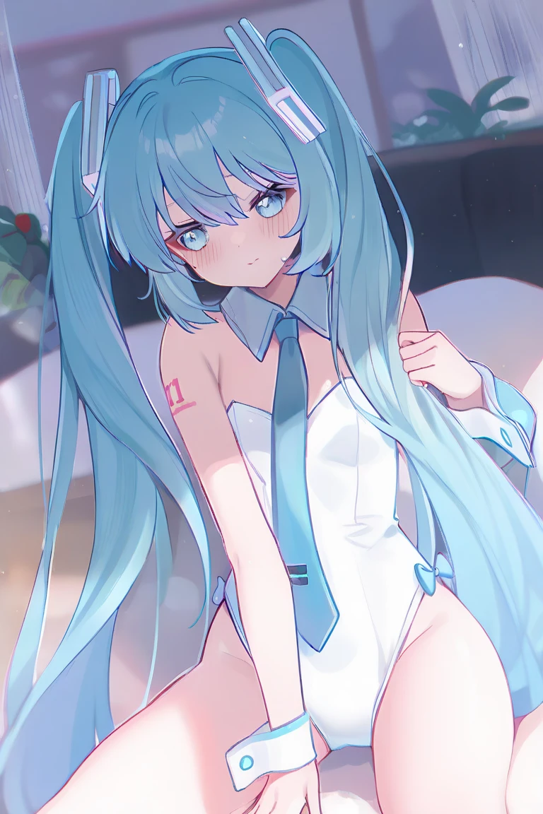 1girl,solo,cowboy shot,standing,(blue green hair:1.2),very long hair, twin tails,bangs,(red hair ornements),(blue green eyes:1.2),(beautiful fingers:1.4),(perfect anatomy:1.4),(arms_behind_back:1.6)(cold_shoulder:1.2),BREAK,(pure white leotard:1.6),(silk lace glossy lamé:1.4),(latex luster shiny glossy:1.6),(shiny_clothes:1.6),(green tie),medium breasts,beautiful breasts,(masterpiece,best quality:1.2),(Ultra high definition eyes:1.2),8k,(Beautiful detailed eyes:1.2),(Fine and beautiful eyes:1.2),(pretty eyes:1.2),finely detail,extremely CG, absurdres,high resolution,illustration,Detailed and beautiful outlines,finely detail,high resolution,(colorful refraction:1.4,Increase saturation:1.2),beautiful lighting,dynamic lighting,closed room,black background,simple background, smile,looking at viewer,mikudef,pure white sleeves,BREAK,(pure white thigh boots:1.4),skirt cutout