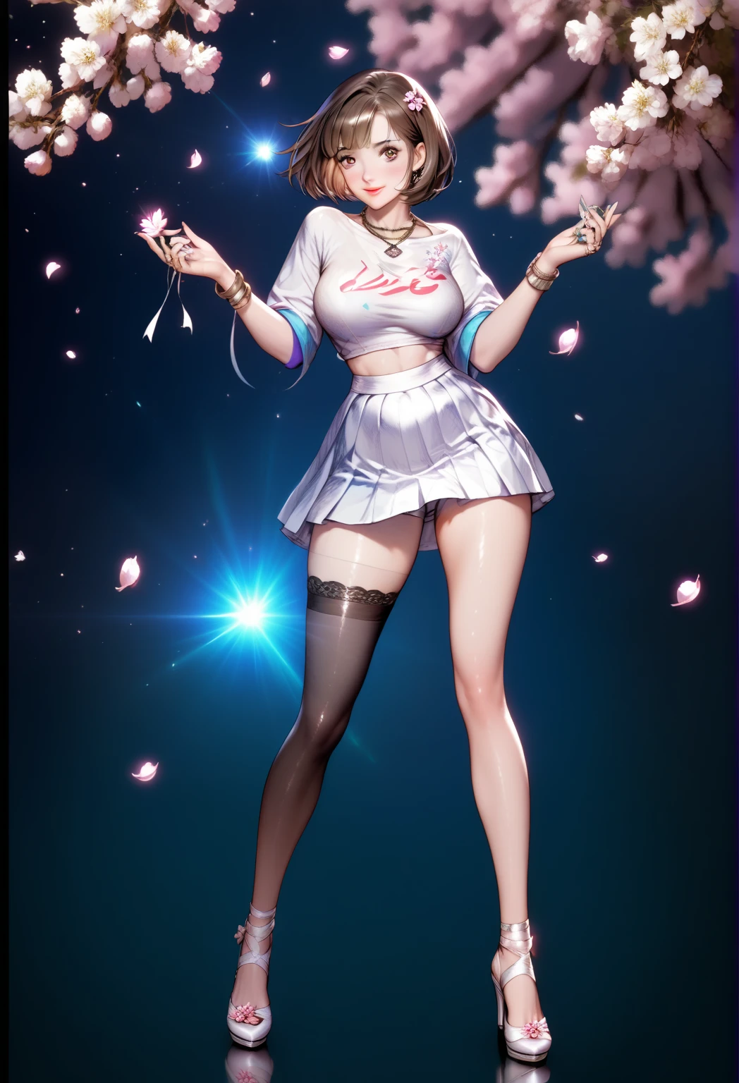 ((Full body shot: 1.5))、((Tight Kpop idol outfits))、((Kpop idol costume))、((Micro Mini Skirt))、((Big smile))、(masterpiece, best quality), intricate details, thin, ((slim)), beautiful girl, Light pink hair, white skin, light purple eyes, sharp jawline, cropped jacket, messy hair, lips, upper body, close up, smirk