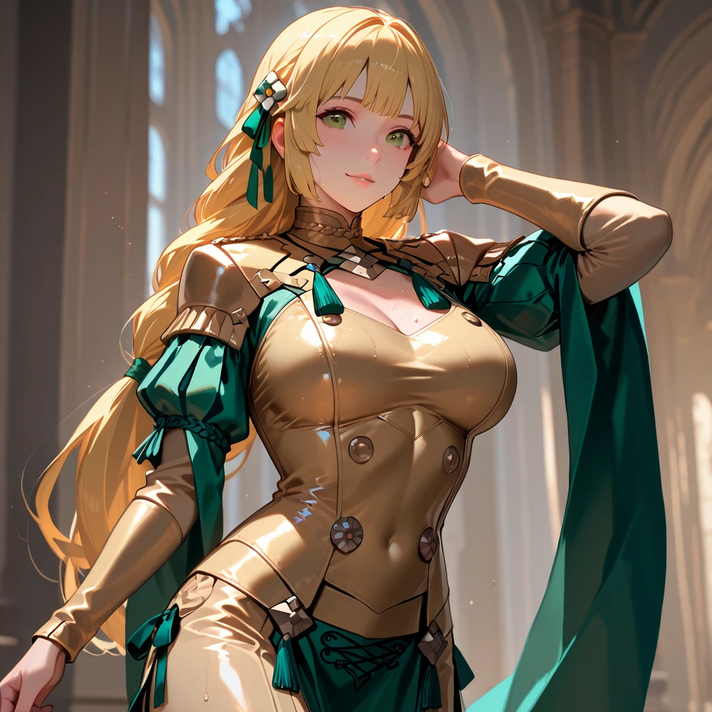 Military green translucent armor,Arm mecha,blonde short hair,Long ponytail hairstyle,Large Breasts,Cleavage,Pistol hanging from waist,fighter pilot,fighter hangar,Sexy,Lipstick,miss,Golden Eyes,stockings,Short skirt,Smile,red glasses