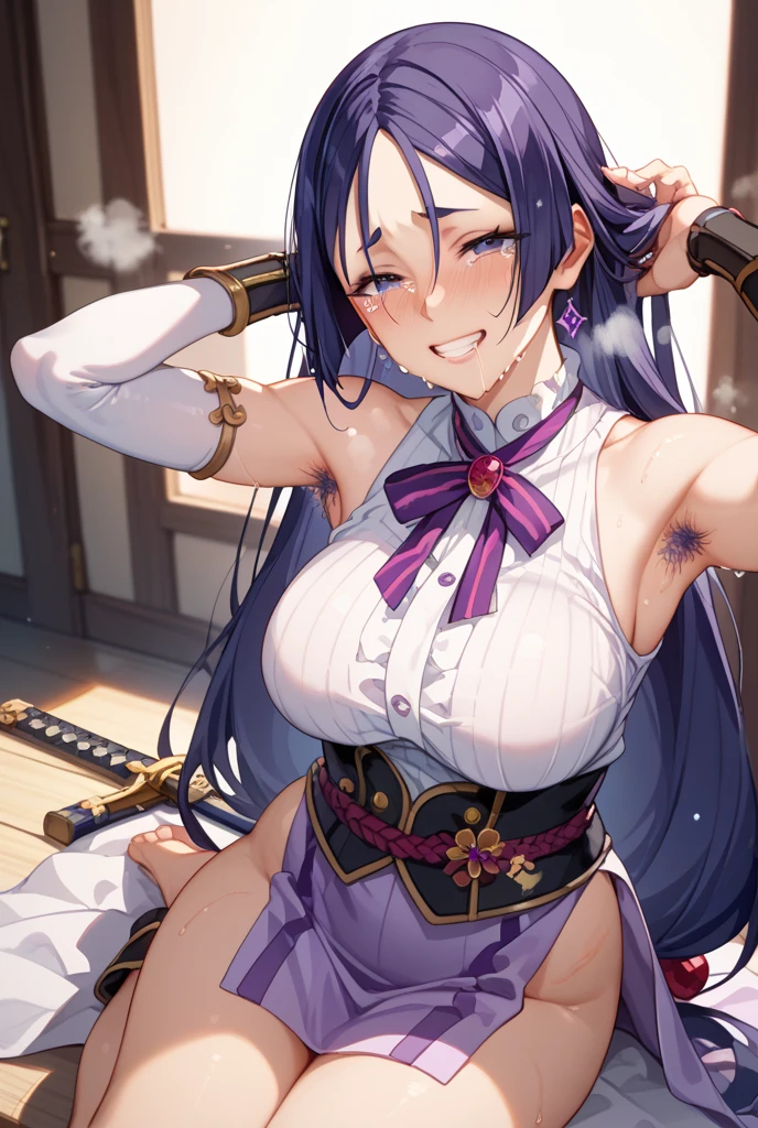 highest quality, masterpiece, (lean forward:1.4), 1 girl, armpit, cleavage, expand your chest, enchanting smile, (blush:1.1)