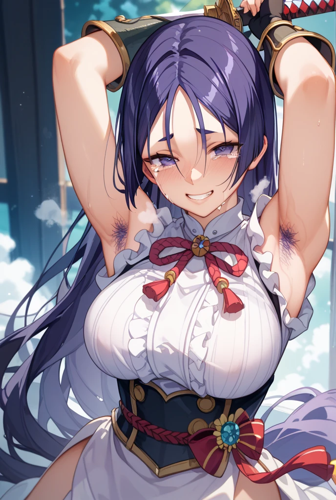Ushiwakamaru , (Auntie:1.5), (Mature Woman:1.5), (absurderes, 8K, 4K, masutepiece, hyper extreme detailed:1.2), Best Quality, Perfect Anatomy,Perfect face,High humidity,(独奏:1.2),(chubby:1.1), shortness of breath, High humidity, Steamy, Exposed shoulders, Nude, nsfw, A kind smile, maternal, relief, peace of mind, On the road, Outdoor, (Thick armpit hair:1.4), (blush:1.1), A kind smile, relief, (Thick armpit hair:1.3),