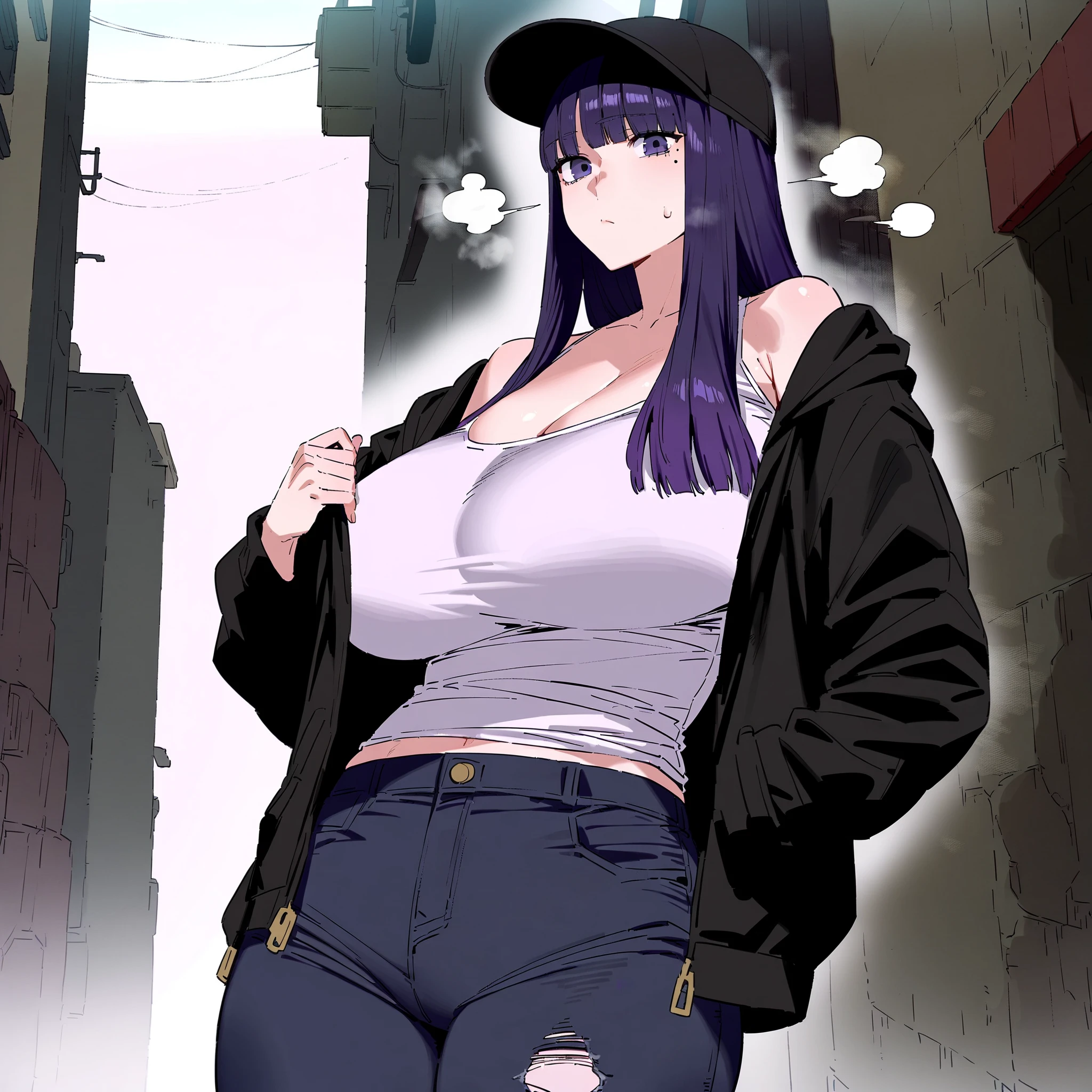 Asuna yuuki,sao anime style asuna \(sao\), 1girl, brown eyes, bright purple hair,Big breast,Fake big breast,Sculpted calves,Wide hips,Big ass,Tight tights,scoop Cleavage, Skindentation,Long thick Wavy hair,tank top with cleavage,mono color outfit,Purple lips,dark blue Eyeshadow,Fancy earring,chain Dog tag necklace,multistrand necklace,((Solo)),((1girl)),Mature,Curvy figure,Swaying hips,Heels,Confident walk,eyelash,Bare leg,Light blush,Thick lips,Half eyes open expression,Calm expression,Smile,Red light district,Blunt bang hair,Body facing viewer,High quality,tattoo with image of Laughing coffin mark,Bright purple hair,Lowrise jeans,Open navel,Symetrical bang,Standing,1hand in hips,Tanned skin