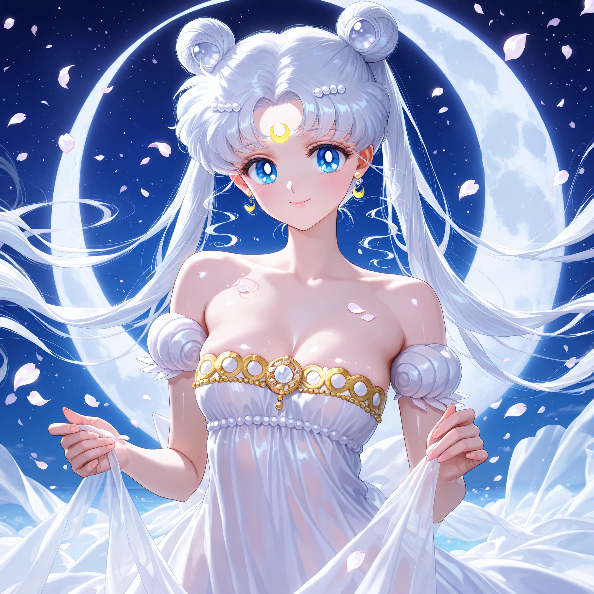 masterpiece, amazing quality, best quality, ultra-detailed, 8K, illustration, clear skin, ultra-detailed-eyes, soft skin, very awa, very as2, shiny skin, shiny hair, soft body, 90's style, official art, 1girl,solo,long hair,facial mark,white hair,crescent facial mark,twintails,double bun,crescent,hair bun,tsukino usagi,blue eyes,forehead mark,dress,hair ornament,white dress,jewelry,bare shoulders,crescent moon,moon,strapless dress,earrings,strapless,neck,white theme,hairpin,smile,petals,traditional media,night