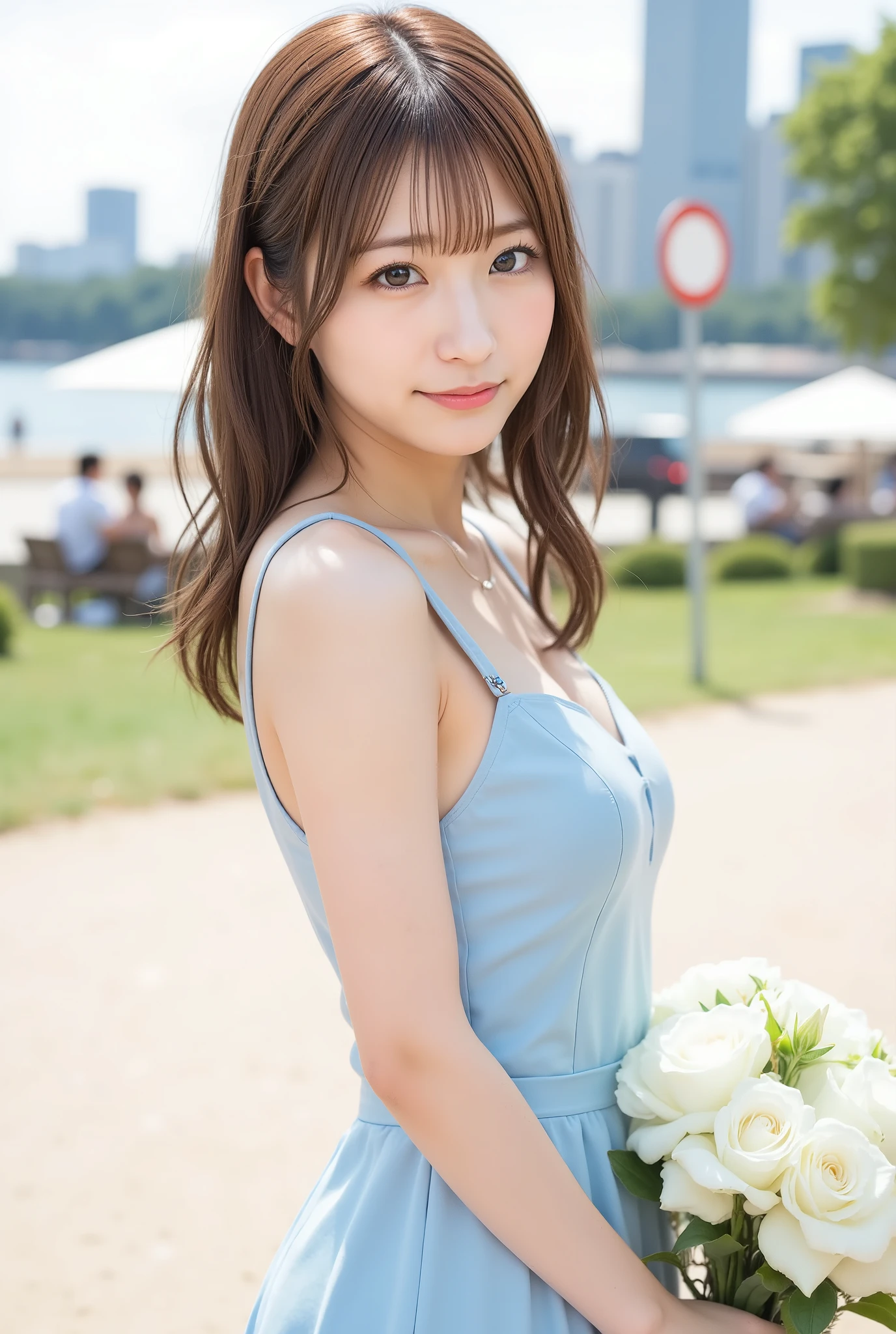 japanese girl, (cute), gravure, D cup, cleavage, smile, skin luster, lace dress, mini skirt, metropolitan,street corner,please raise your hand, sunlight, light reflection, Medium curl, brown hair,background blur, telescope lens、look at the camera