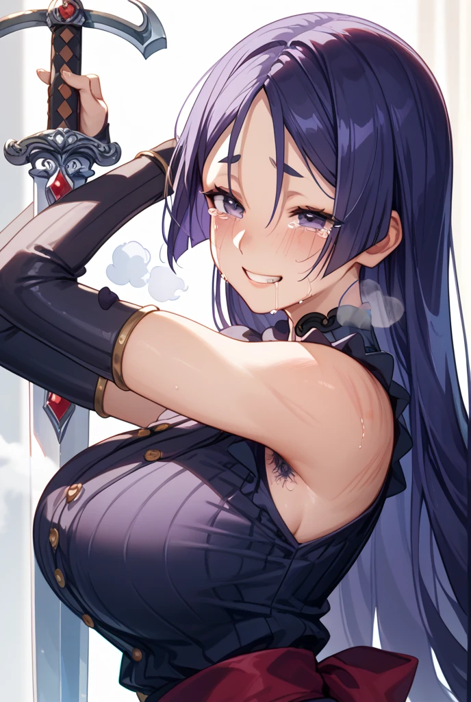(dynamic angle:1.3, front view:1.1, breast focus:1.3, from below:1.2), (dynamic posing:1.5, sexy posing:1.2, leaning forward), (seductive smiling:1.3), beutiful woman, 1girl,fullbody, happy, (with sparkling eyes and a contagious smile:1.2), red face, closed mouth, beautiful detailed eyes, super detailed skin, backlighting, bare shoulders, black background, black dress, black gloves, black hair, breasts, dress, earrings, fingerless gloves, floating hair, floral print, flower, gloves, gold earrings, gold hairband, hair flower, hair ornament, hairband, holding, holding two-hands knife weapon, jewelry, small breasts:1.2, long hair, looking at viewer, off-shoulder dress, off shoulder,blue eyes, short hair with long locks, sidelocks, solo, spikes, thighs, two-sided dress, two-sided fabric, weapon, fighting stance , face, close up, from above, highest quality, high resolution,Real World, Natural light,perfect Natural light,looking at viewer,The bar is beautiful, with colorful bottles of alcohol in the background and a soft glow from neon lights.