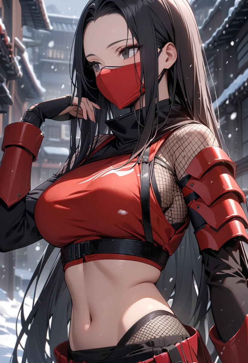 Bo Wei Style, score_9, score_8_up, score_7_up, very detailed, highly detailed texture, smooth, smooth colour, block colour, flat color,,(lifelike, high - resolution:1.3),upper body , ada wong, 1 girl with a perfect body, Super fine face and eyes,slong hair, midriff of black colors:1.2, black shiny leggings,face veil, big boob,Expose cleavage, ninja pose.