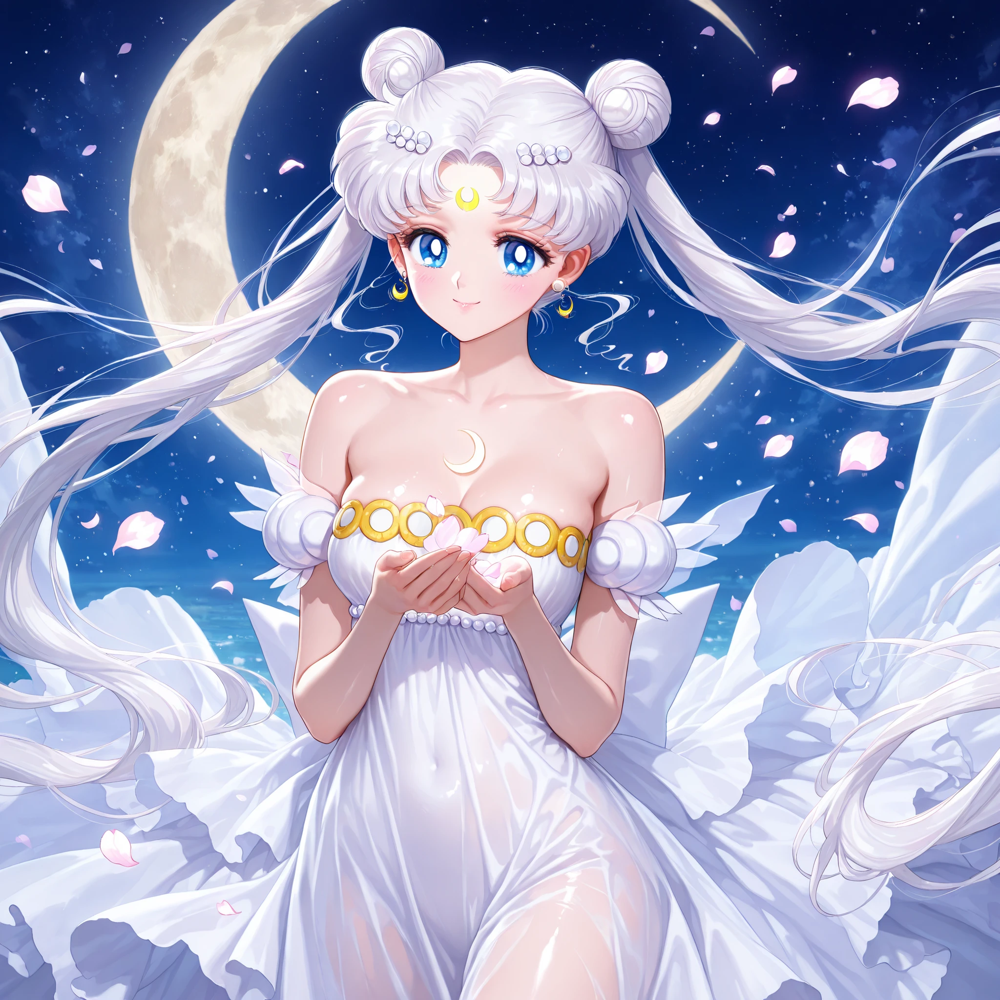 masterpiece, amazing quality, best quality, ultra-detailed, 8K, illustration, clear skin, ultra-detailed-eyes, soft skin, very awa, very as2, shiny skin, shiny hair, soft body, 90's style, official art, 1girl,solo,long hair,facial mark,white hair,crescent facial mark,twintails,double bun,crescent,hair bun,tsukino usagi,blue eyes,forehead mark,dress,hair ornament,white dress,jewelry,bare shoulders,crescent moon,moon,strapless dress,earrings,strapless,neck,white theme,hairpin,smile,petals,traditional media,night
