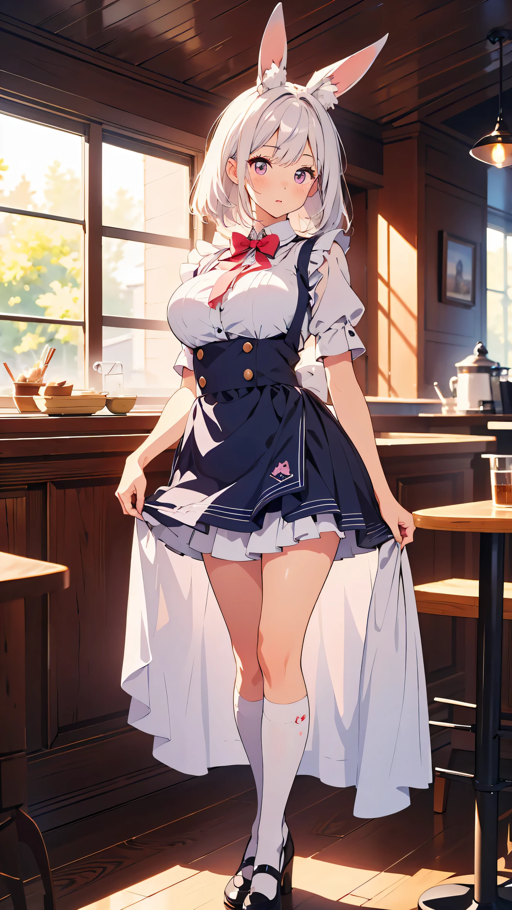 masterpiece, best quality,  blurry background,  (( Fine line drawing:1.3)), 非常にdetailsな,  details, high resolution, 8k Wallpaper, Perfect Dynamic Composition:0.5, Biologically Accurate Skeletons and Limbs, Beautiful Eyes with Attention to Details, [[Lily], (20-year-old woman, adult), height 155cm, (natural large breasts:1.3),E-cup, soft breasts, soft and fluffy body shape, sweet and clumsy café waitress, medium white hair with fluffy waves and bangs, (うさぎの長い丸耳, ふわふわな耳, white rabbit ears), (pink and white maid dress, simple design, lace apron, knee-high socks), round pink eyes, curled long lashes, soft white skin, round bone structure, ふんわりした雰囲気], natural colored lips, ((standing)),fullboy shot, ddyuika,