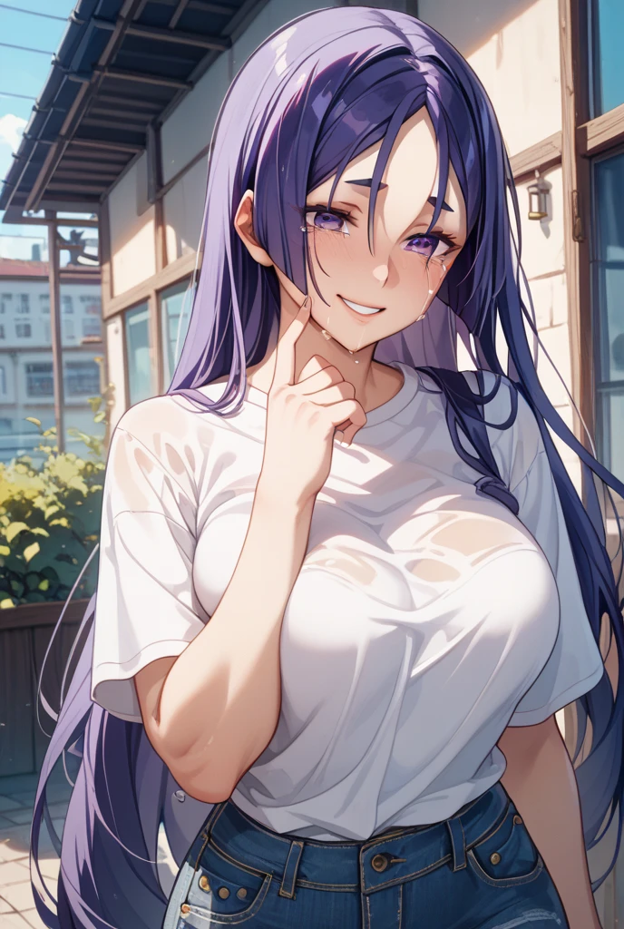 (masterpiece:1.37), best quality, (extremely detailed:1.37), (1girl:1.5), woman, (mature:1.5), (adult:1.5), purple hair, long hair, purple eyes, (low-rise jeans:2.0), (extremely detailed eyes:1.37), wetting self, desperation, embarrassed, humiliation, blushing, angry, cherry blossoms, garden, (golden hour:1.5)